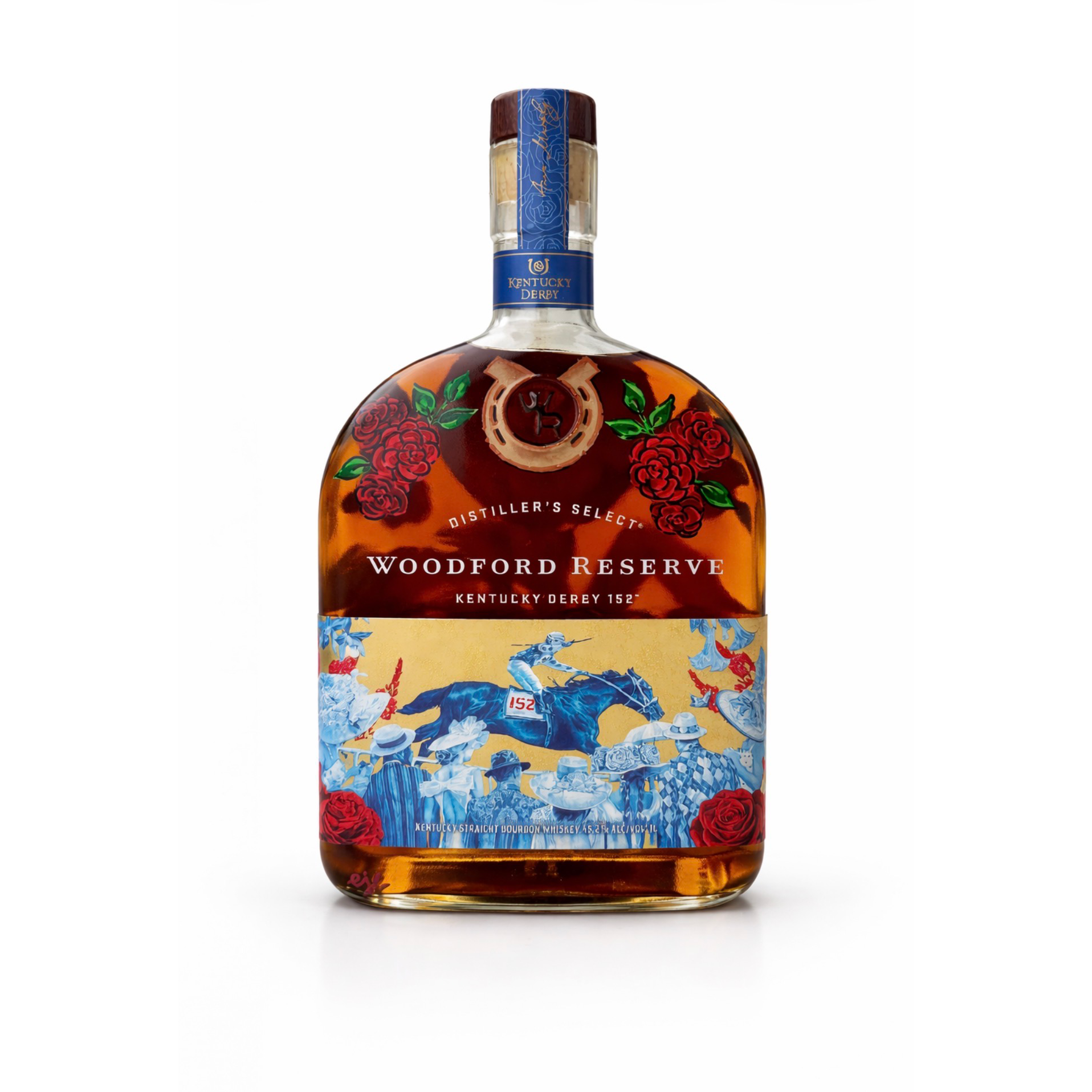 A bottle of Woodford Reserve Kentucky Straight Bourbon Whiskey with colorful artwork featuring a sumo wrestler and roses.
