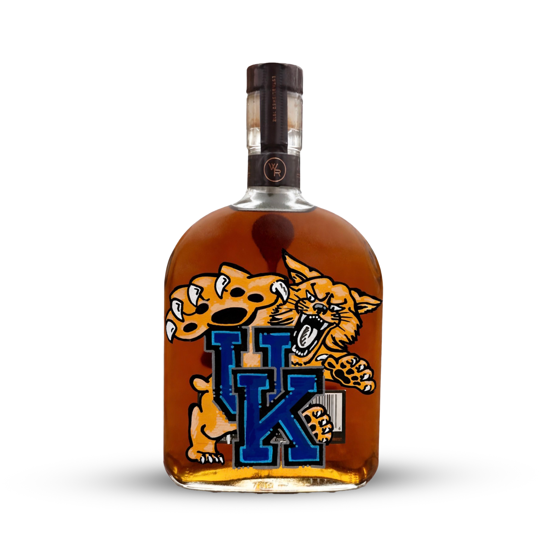 A bottle of liquor featuring a wildcat and University of Kentucky