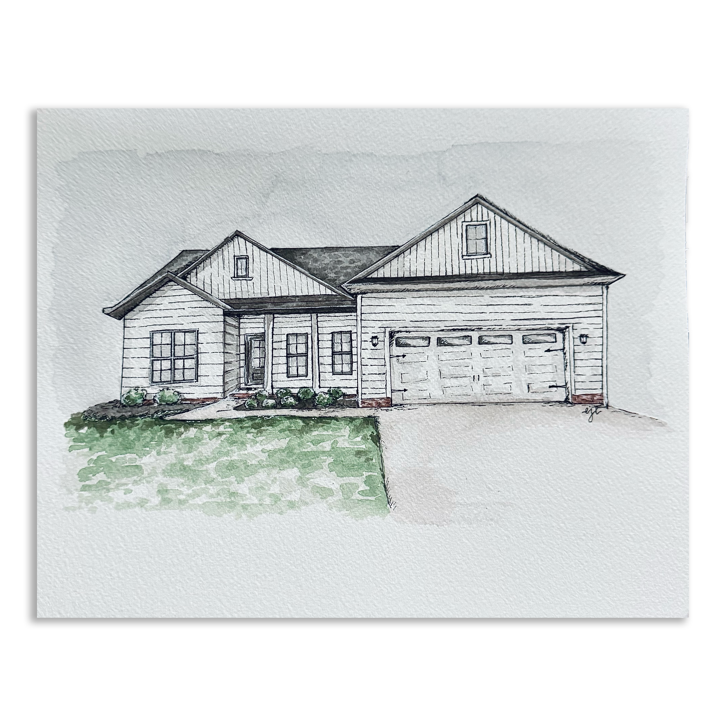 A watercolor painting of a modern two-story house with a garage, pitched roof, and large windows, surrounded by a lawn with bushes.