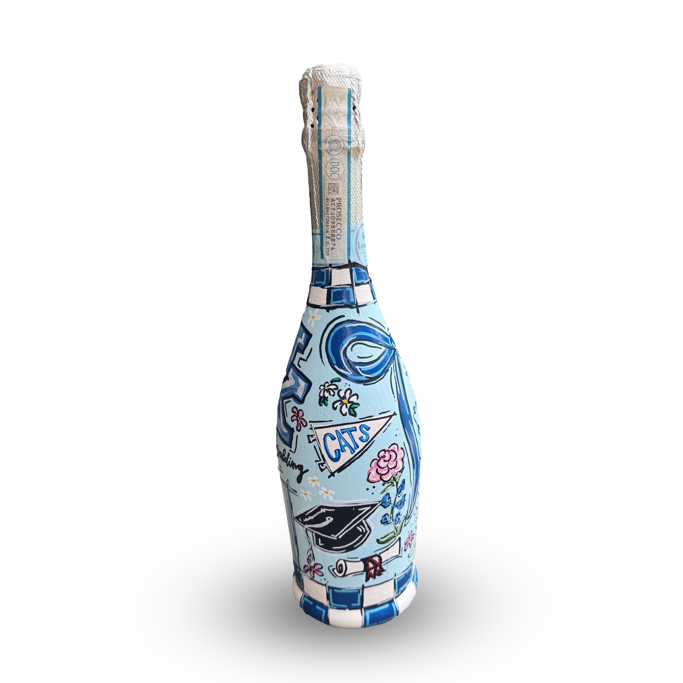 Custom Champagne painted for the University of Kentucky featuring colorful patterns, flowers, and text.