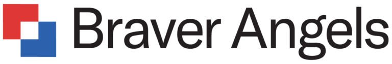 Braver Angels logo with red, white, and blue squares and black text