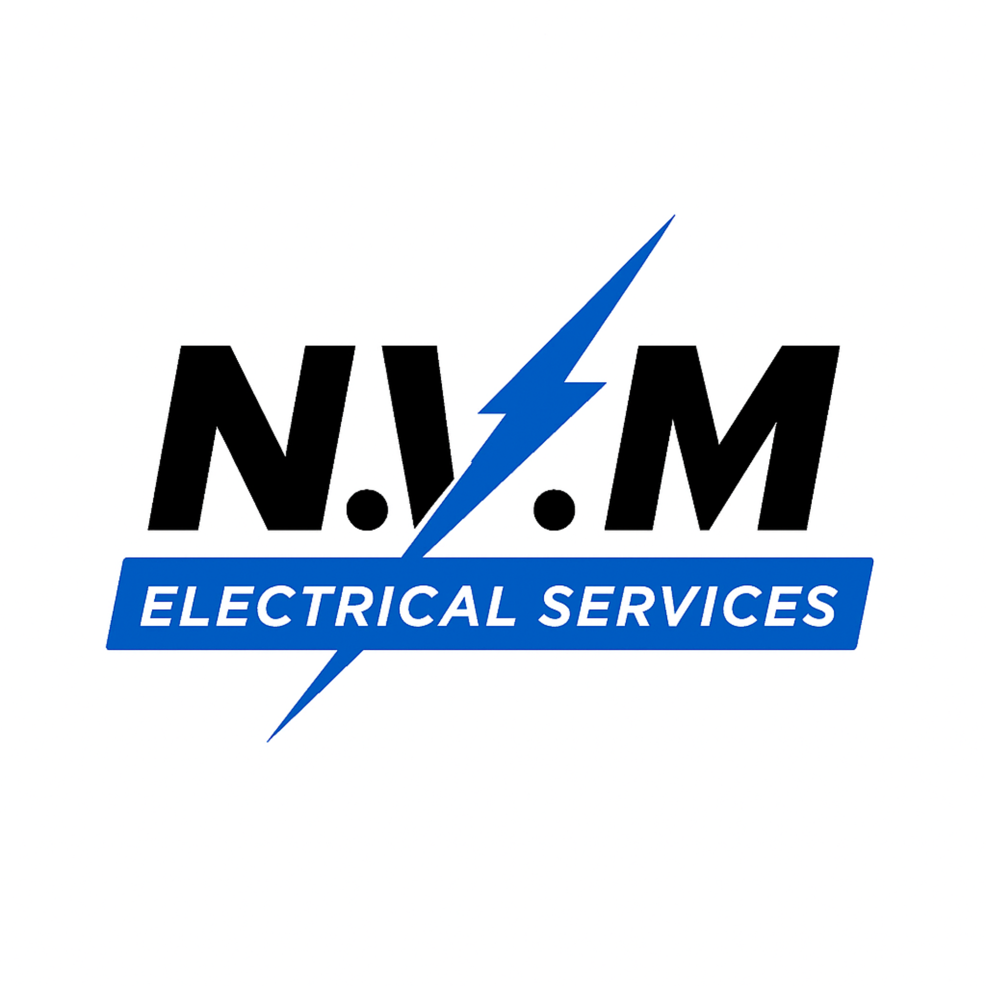 Logo for N.I.M Electrical Services featuring black lettering with a blue lightning bolt and blue banner with white text.