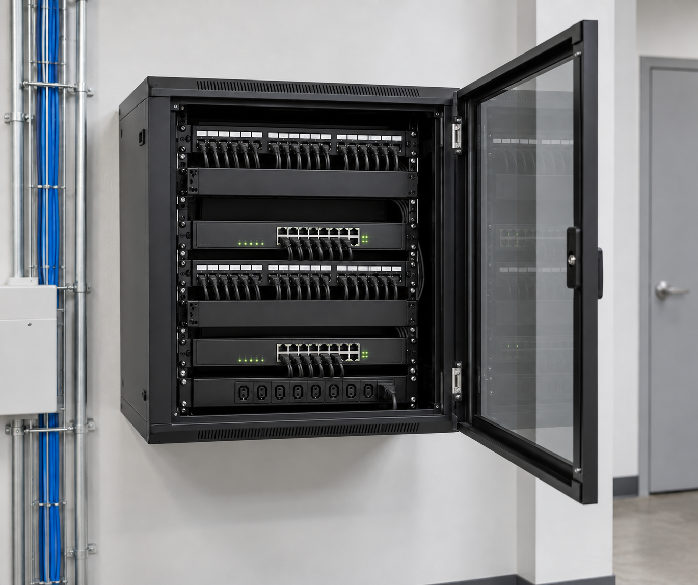 A black server rack with multiple network switches and cables inside, mounted on a wall in a data center or server room.