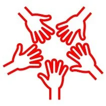 Five red outlined hands reaching towards each other in a circle.