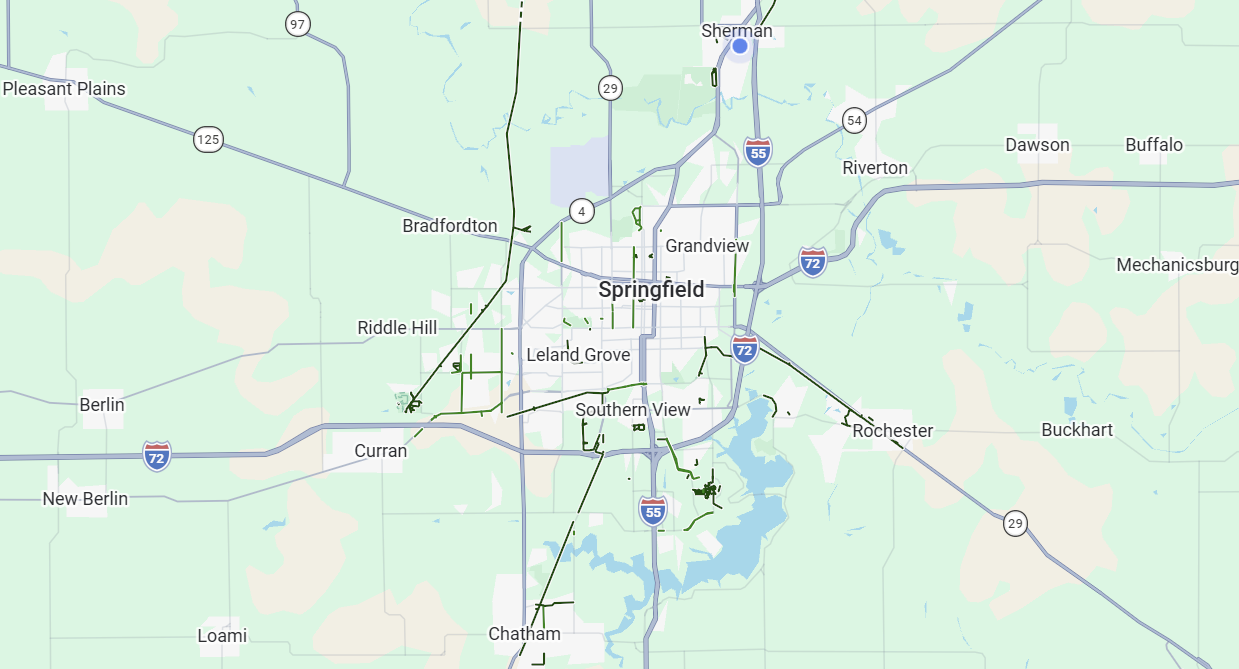 Map of Springfield, Illinois showing major highways and surrounding towns such as Sherman, Riverton, Buffalo, Buckhart, Mechanicsburg, Rochester, and Chatham.