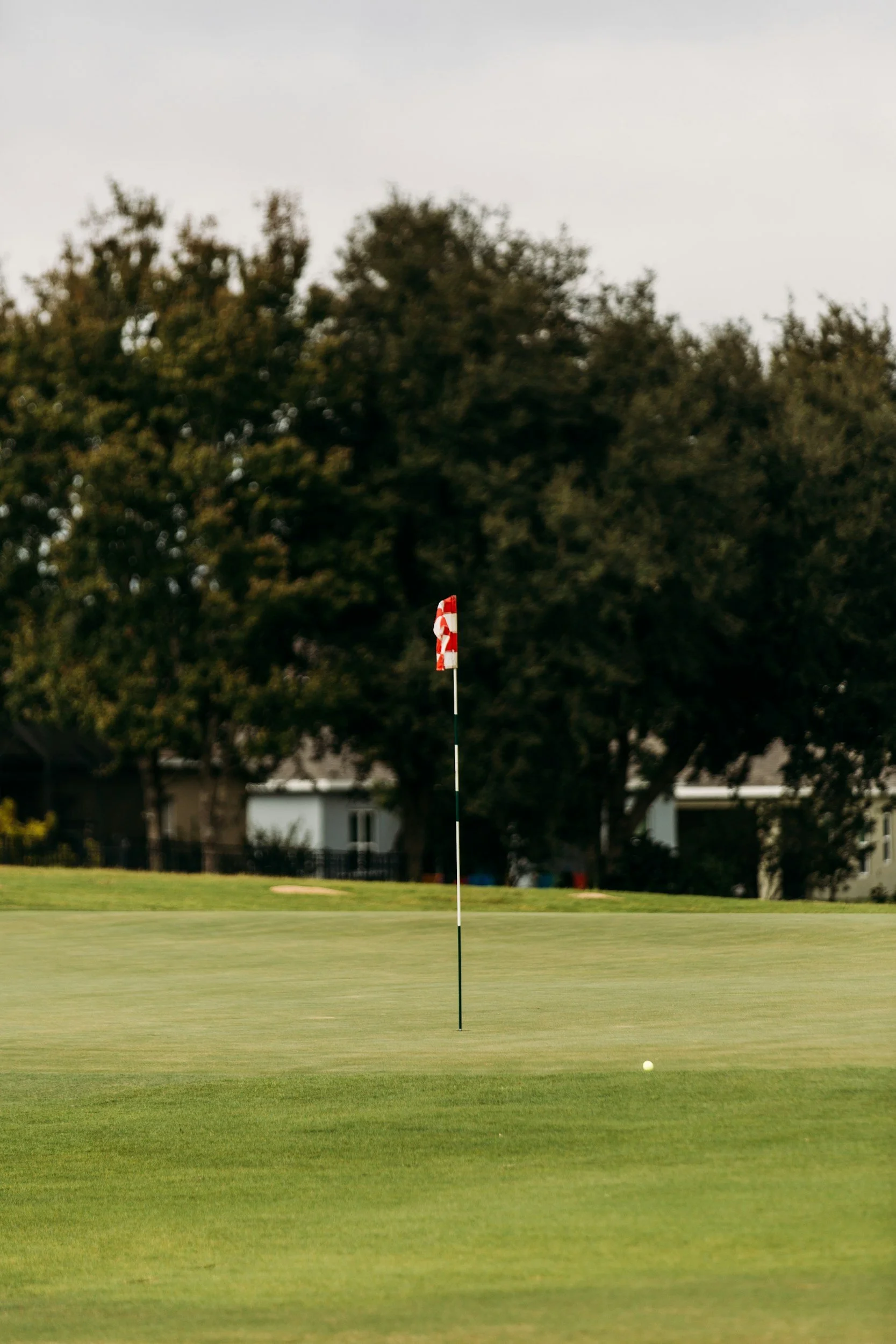 A golf course green with a red and white striped flag attached to a pole near the hole, and a golf ball on the grass in the foreground.