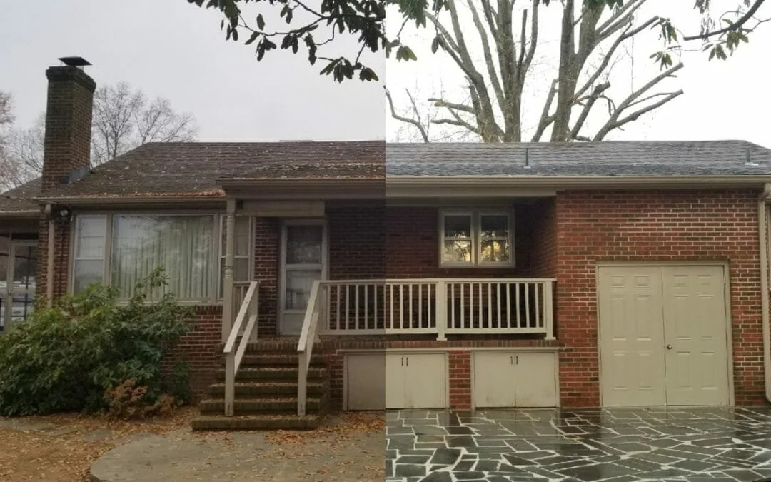 Comparison of a brick house with a front porch before and after renovation, showing improved landscaping and upgraded exterior features.