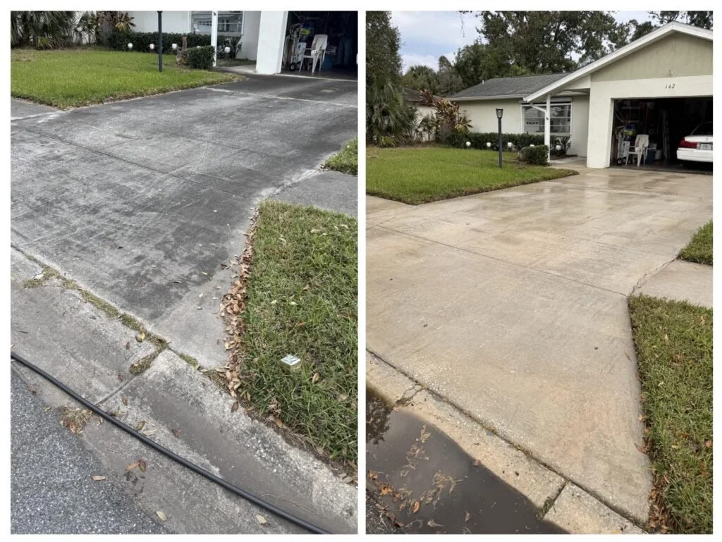 Comparison of a worn-out, cracked driveway on the left and a newly replaced, smooth driveway on the right in front of a house with a lawn and garage.