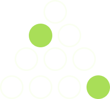 A pyramid of white circles with two green circles, one in the middle and one at the bottom right.