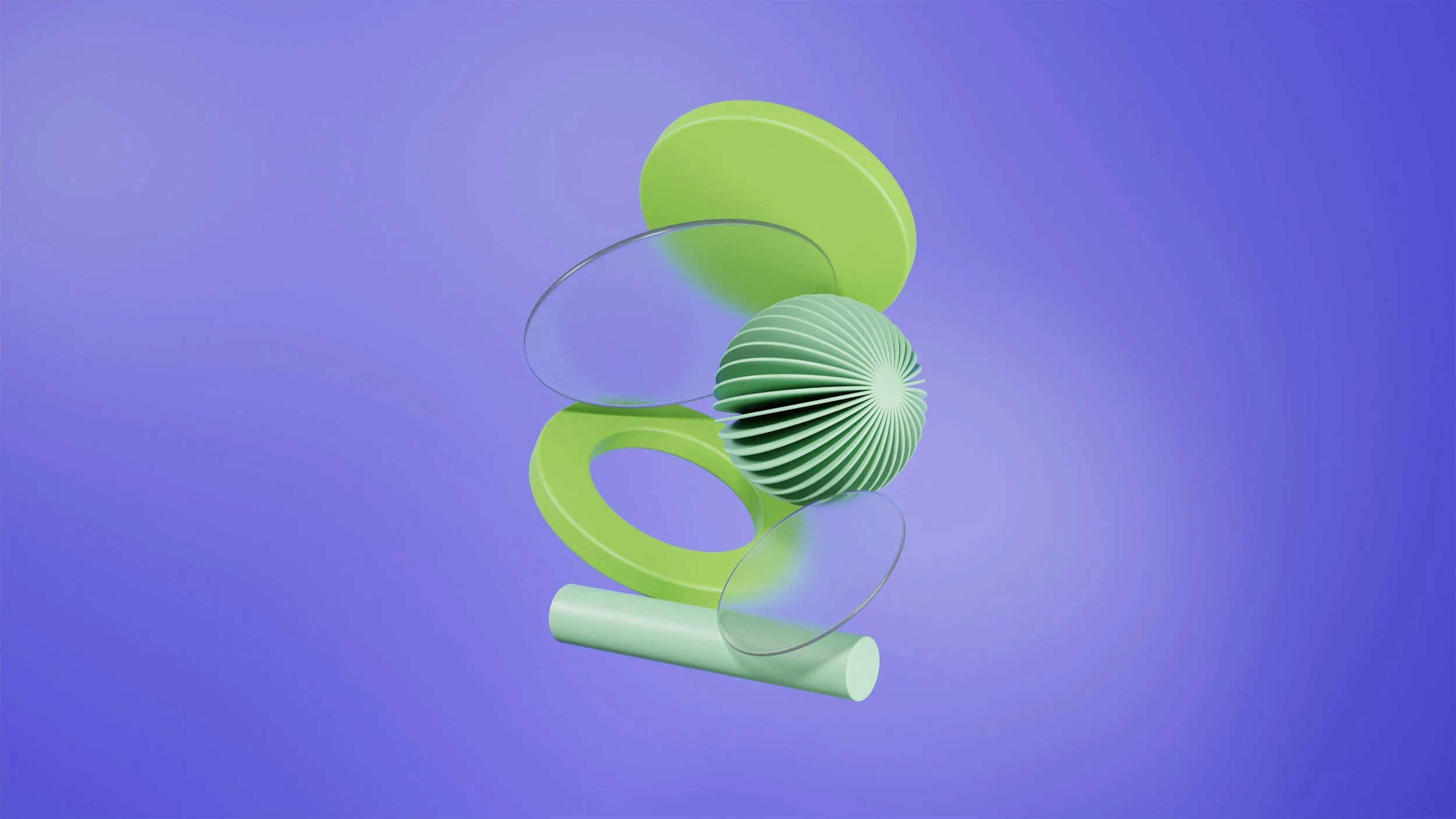 Abstract arrangement of green and purple geometric shapes, including a corrugated sphere, elongated ovals, and cylindrical and ring shapes, set against a gradient purple background.