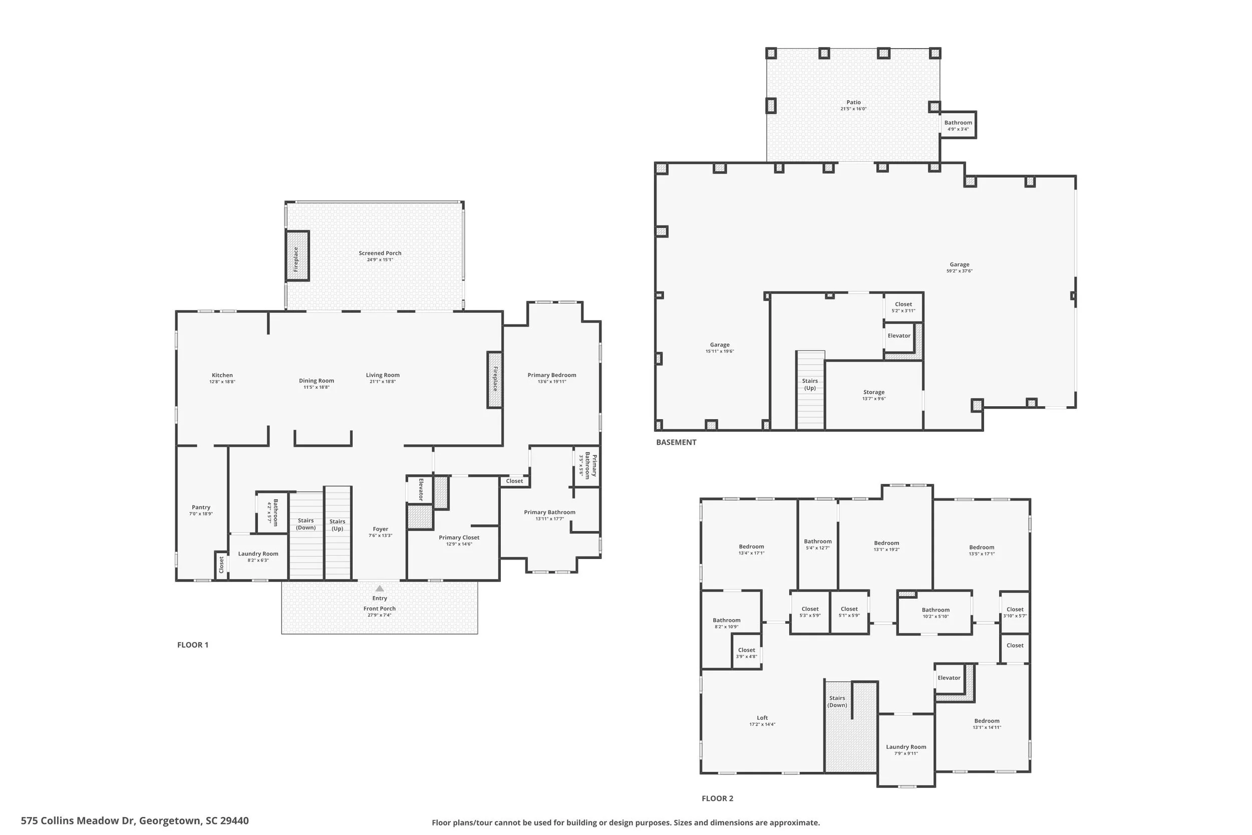 Floor plan of a residential house showing layout of rooms across two floors, including kitchen, living room, bedrooms, bathrooms, garage, storage, and outdoor patio area.