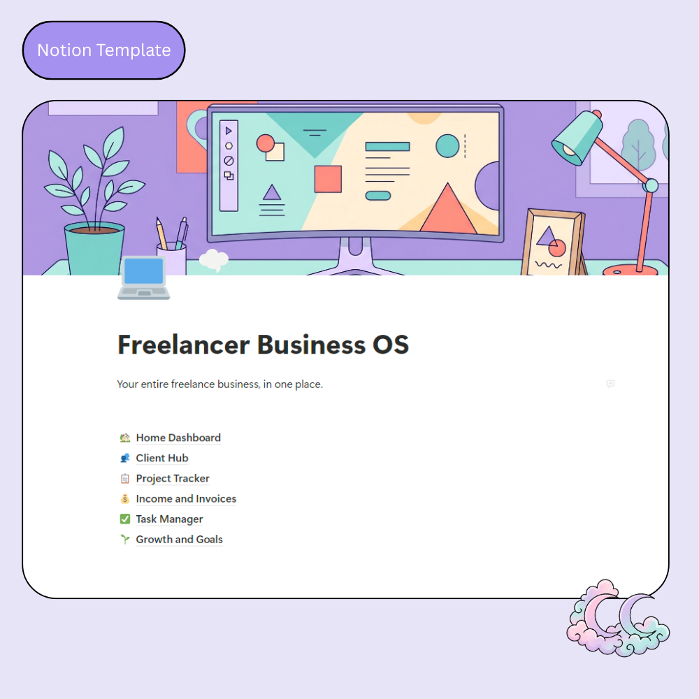 Freelancer Business OS
A complete Notion workspace to organize your clients, projects, tasks and income. All in one beautiful place.