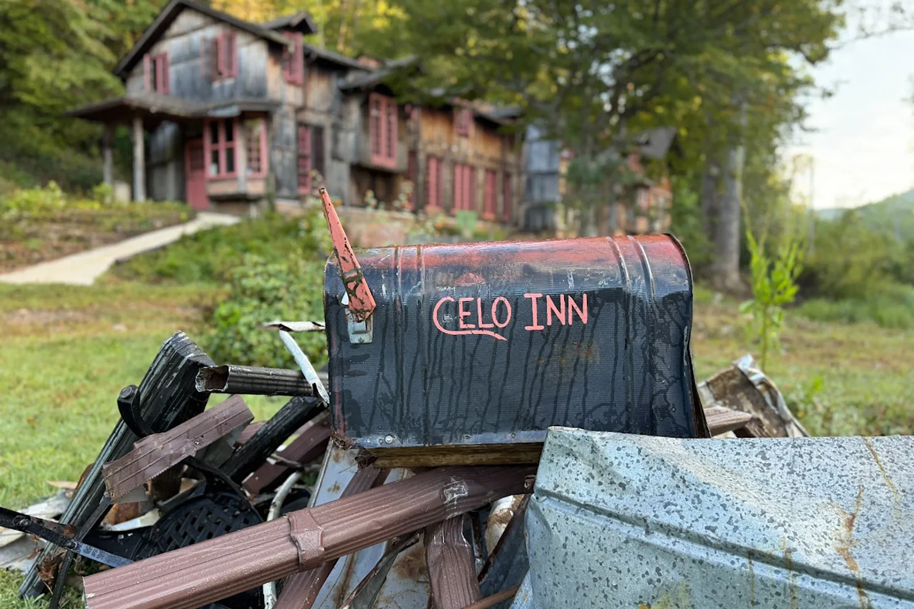 Debris from the storm, including the Celo Inn mailbox