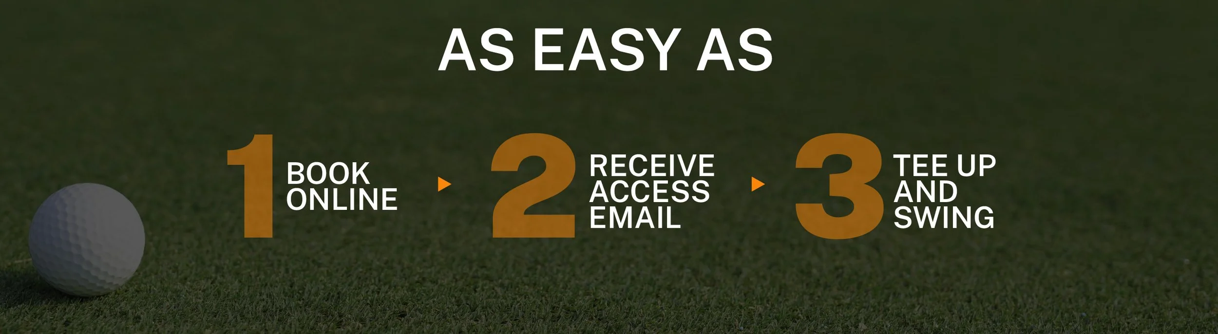Golf course with a golf ball on the grass and text overlaying the image explaining a simple golf booking process: "As easy as 1. Book online, 2. Receive access email, 3. Tee up and swing."