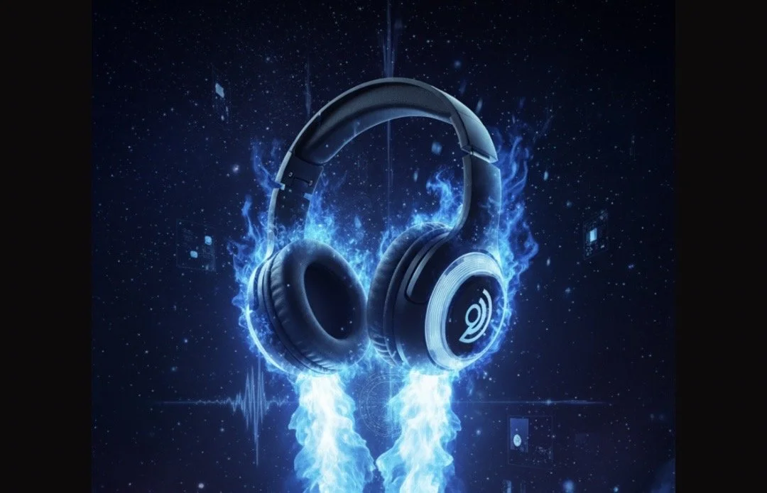 A pair of black headphones surrounded by blue digital and electric effects, with a starry background.