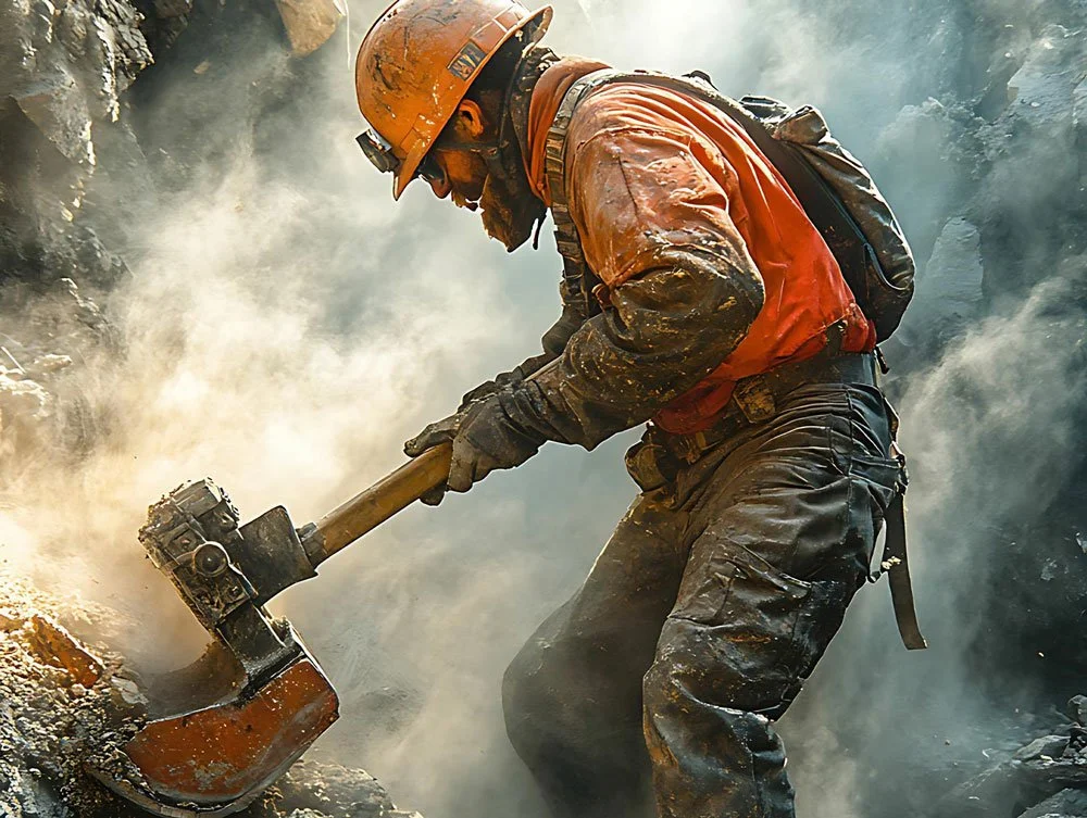 man wearing protective clothing digging rocks with dust exposure