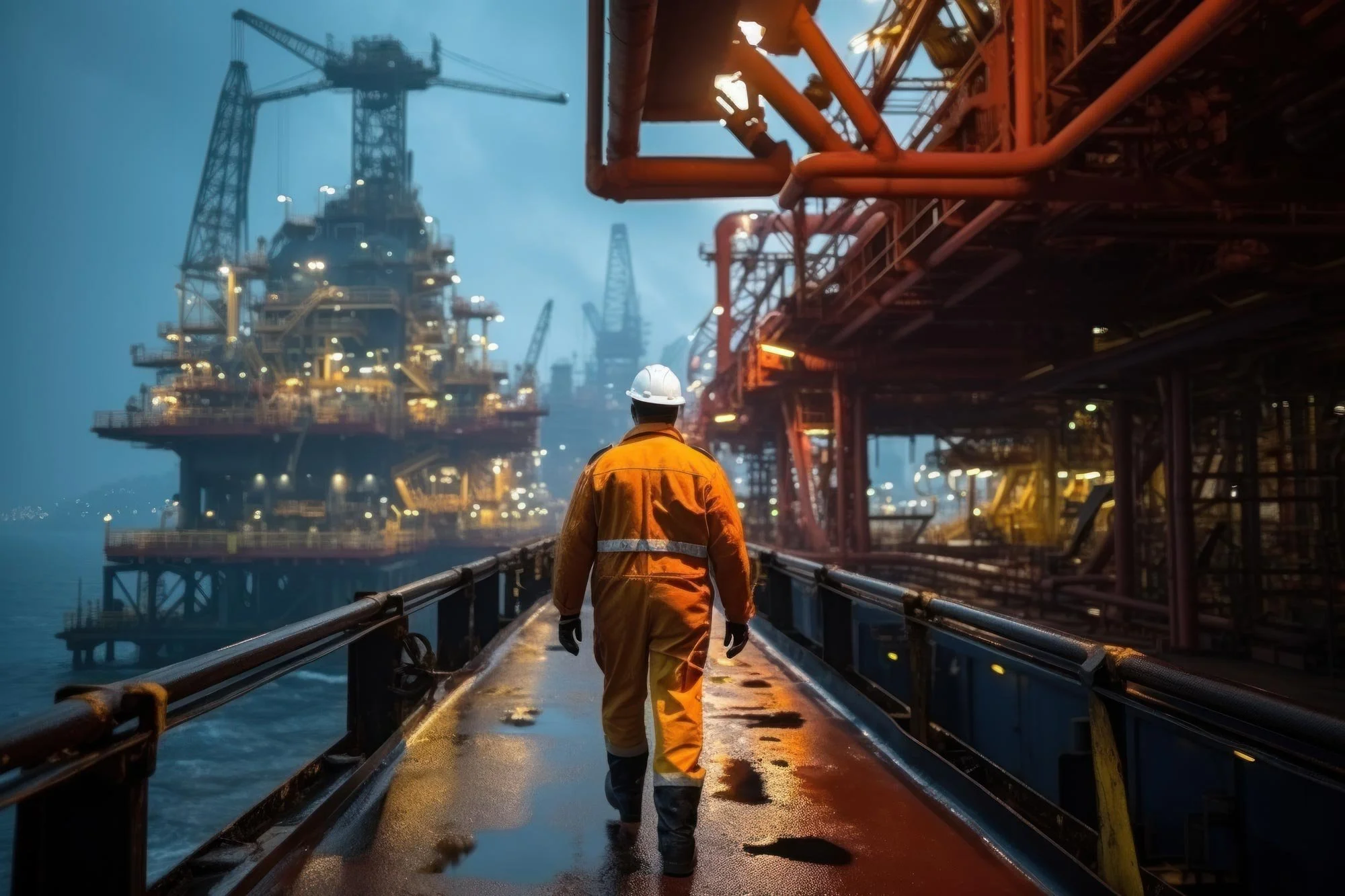 man in high visibility clothes walking through industrial shipping port.
