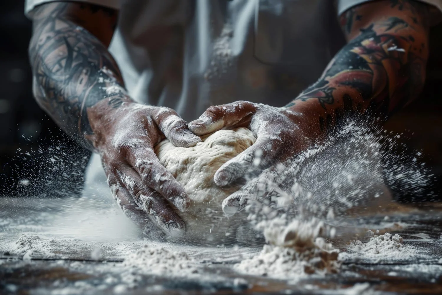 close up of hands covered in flour kneeding dough