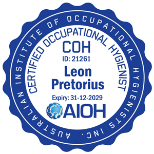 Seal badge with text 'Institute of Occupational & Environmental Hygienists' and 'Certified Occupational Hygienist' for Leon Pretorius, ID 21261, expiry 31-12-2029, featuring a globe icon and AIOH logo.
