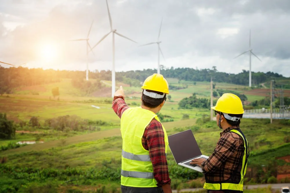 two consultants looking over wind farm