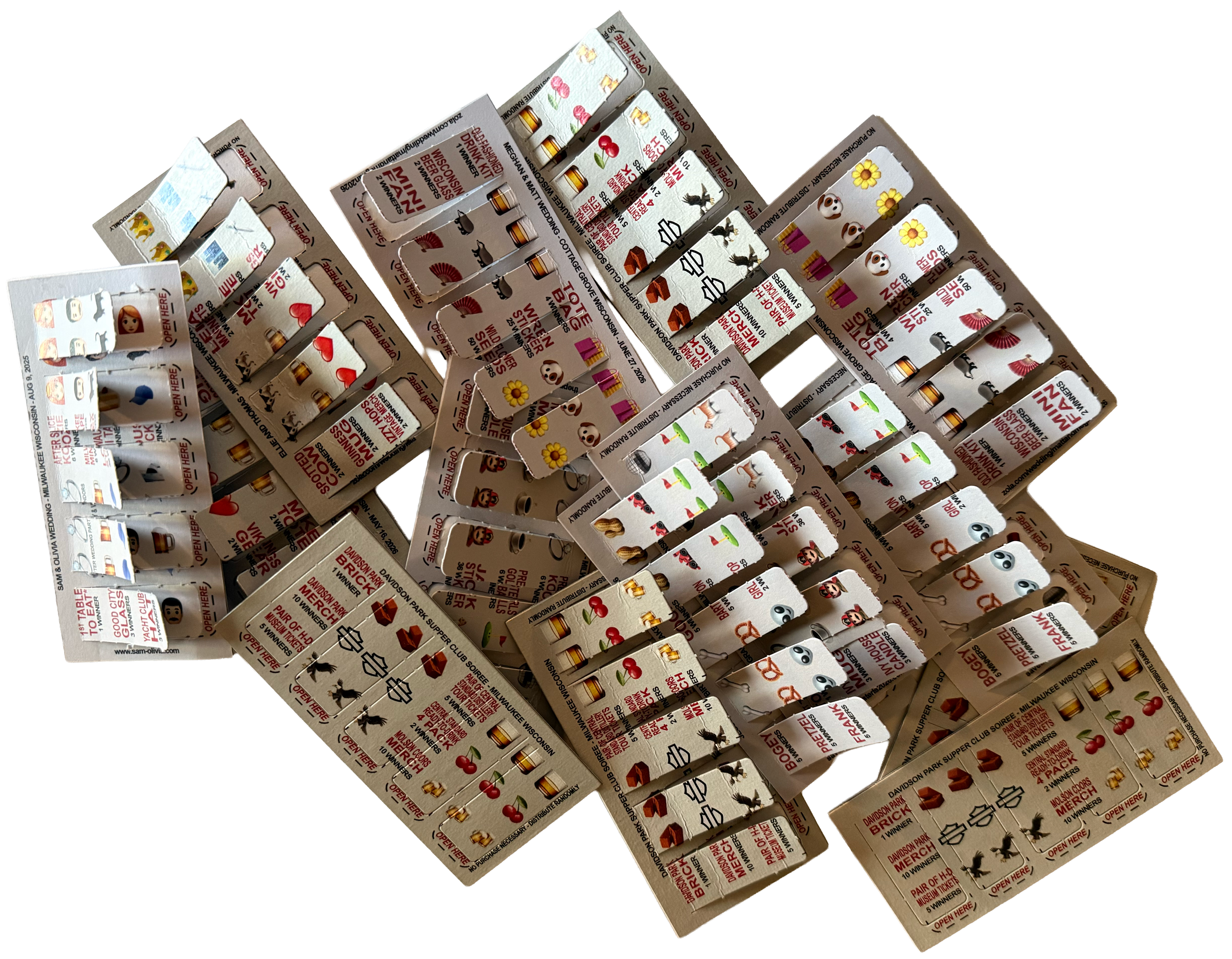 Custom Wedding Pull Tabs. Examples of pull tabs we've completed and delivered in the past.