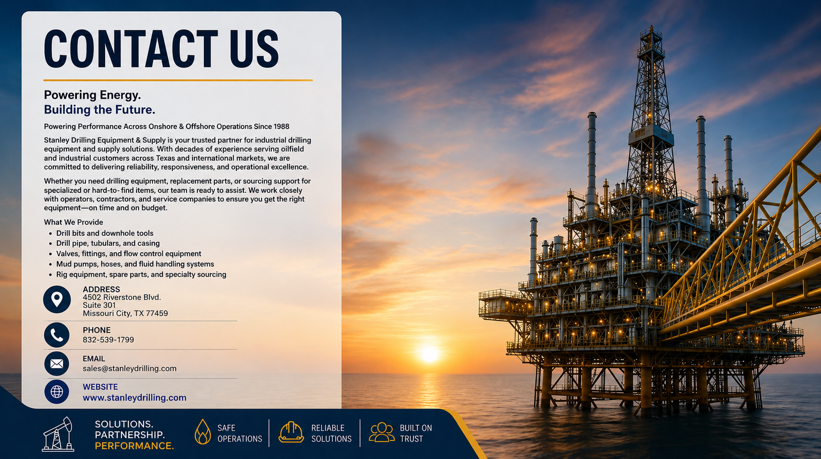 An offshore oil drilling rig in the ocean during sunset with a contact information overlay for a drilling equipment company, including address, phone, email, and website details.