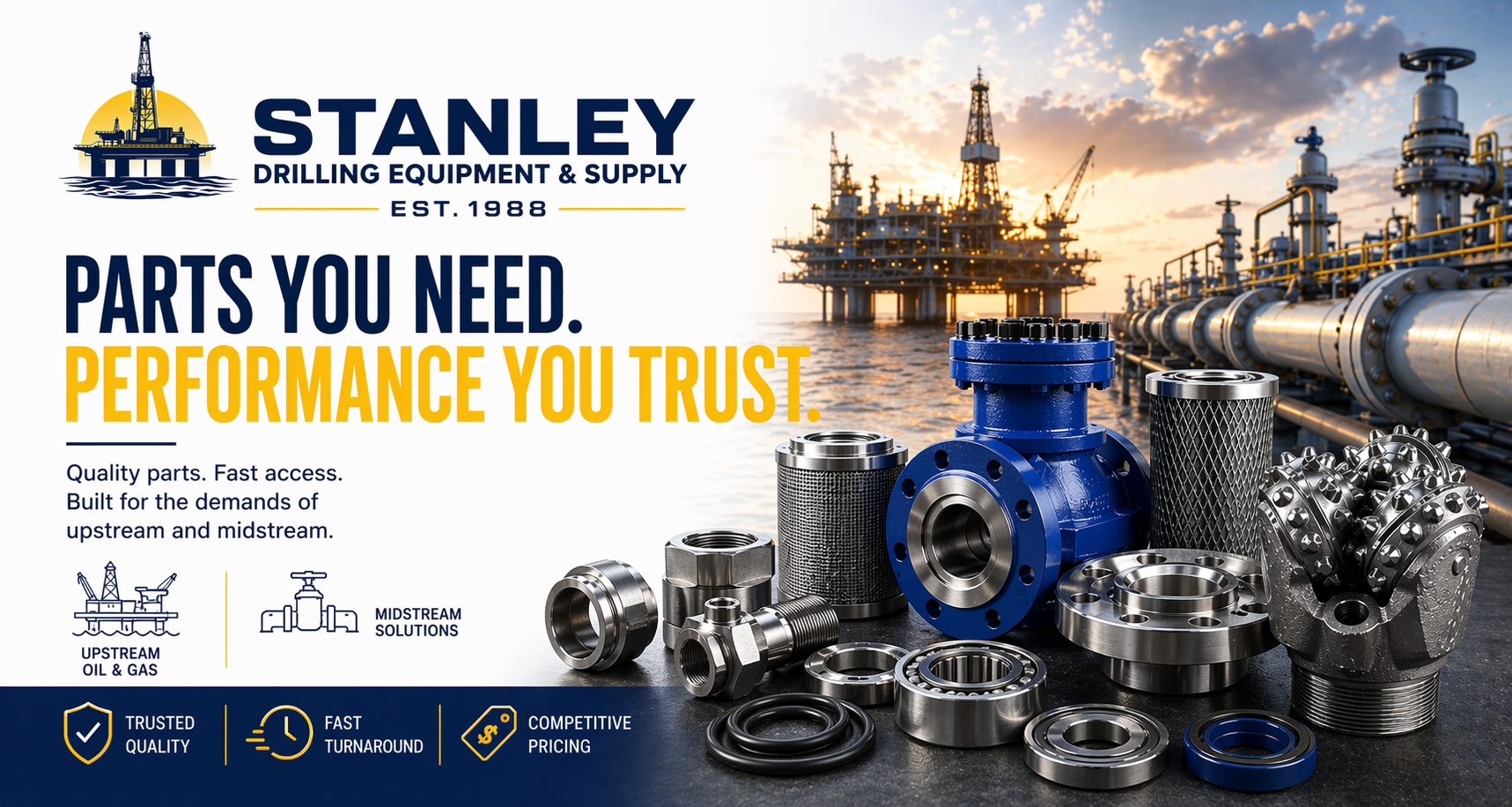 Advertisement for Stanley Drilling Equipment & Supply featuring oil rig and pipelines in the background, with various metal parts and machinery in the foreground. The text highlights quality parts, fast access, performance, trusted quality, fast turnaround, and competitive pricing.