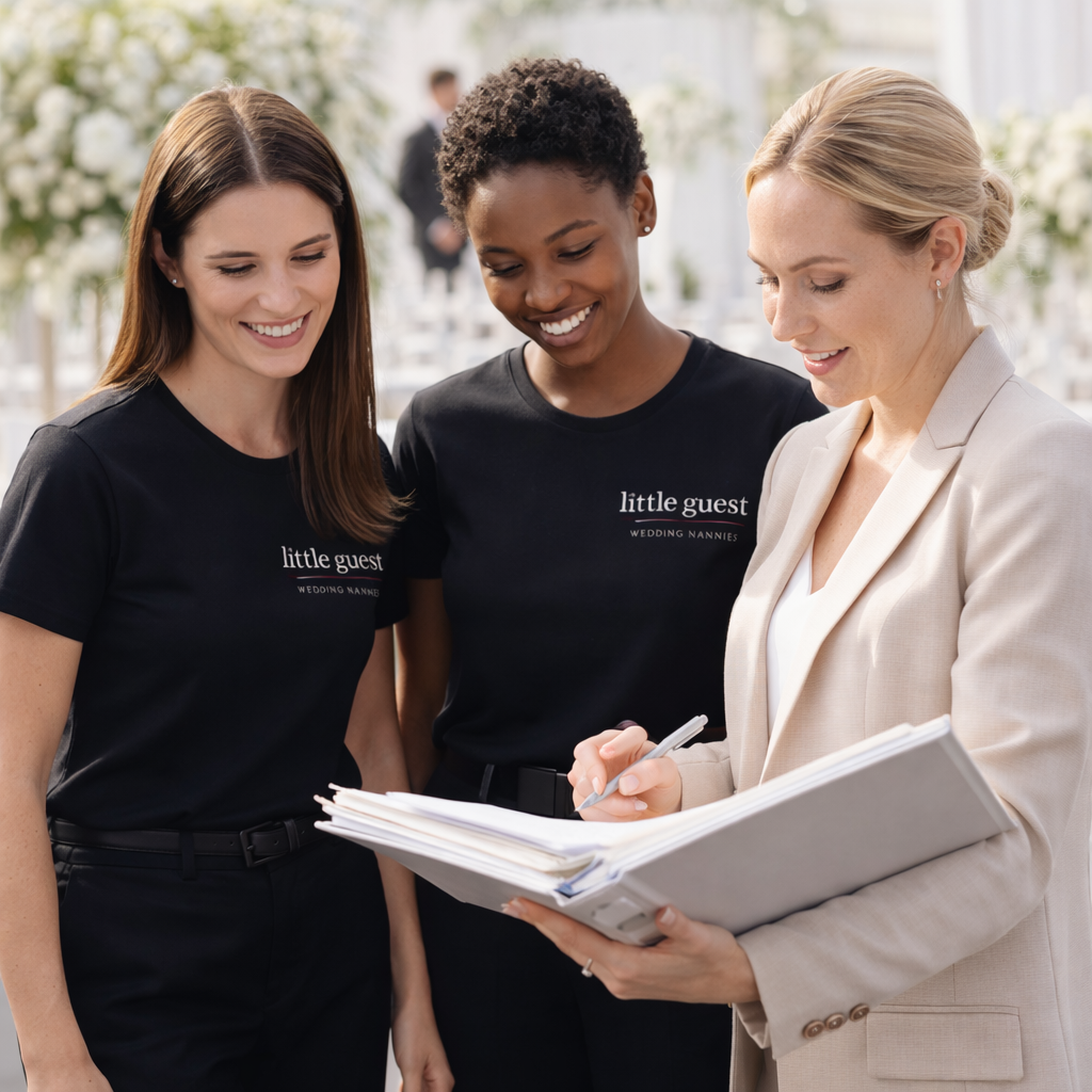 Three women, two in black "little guest wedding nannies" t-shirts, and one in a beige suit, are smiling and looking at a clipboard with papers at a wedding venue with white flowers and a blurred man in the background.