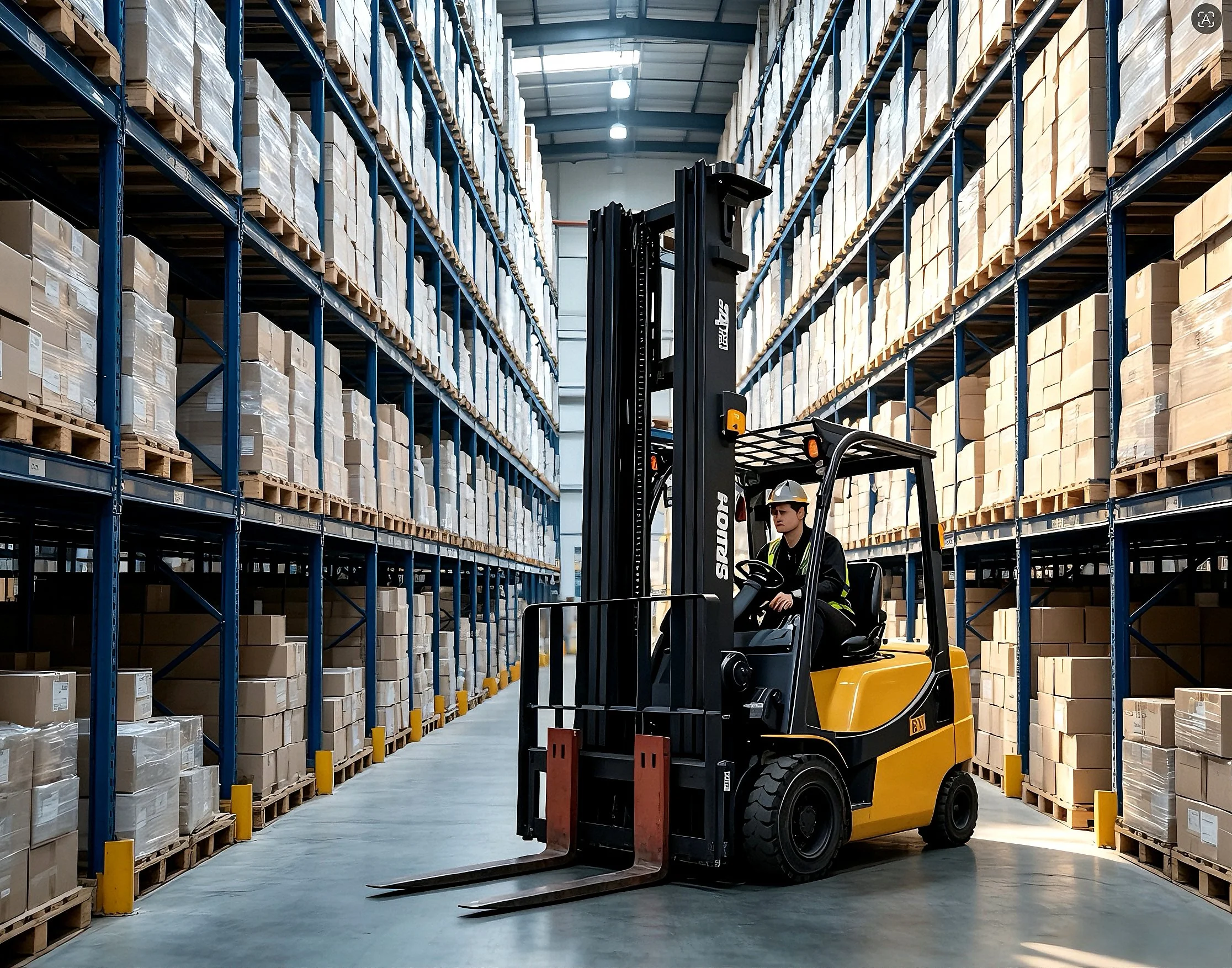 A worker operating a yellow forklift inside a warehouse filled with tall shelves of stacked cardboard boxes.