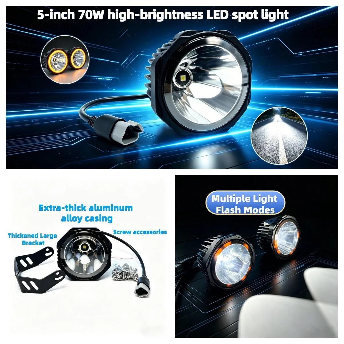 Image showing a 5-inch 70W high-brightness LED spot light with extra-thick aluminum alloy casing, screw accessories, and a thickened large bracket. It features multiple flash modes and is designed for vehicle use, illuminating the road ahead.