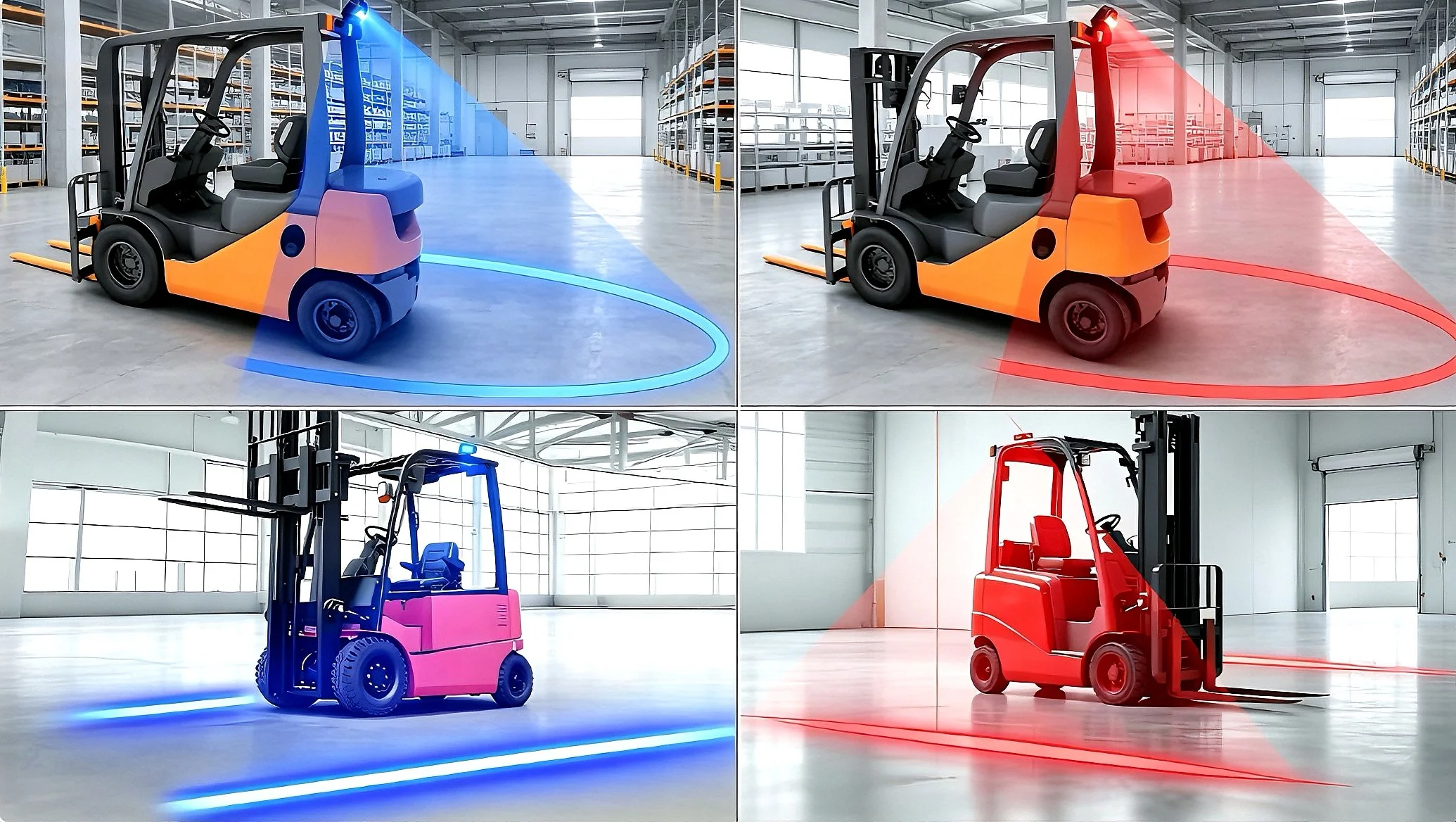 Four forklifts in a warehouse, each emitting colored laser guiding lines: blue on the left, red on the right, pink at the bottom left, and red again at the bottom right.