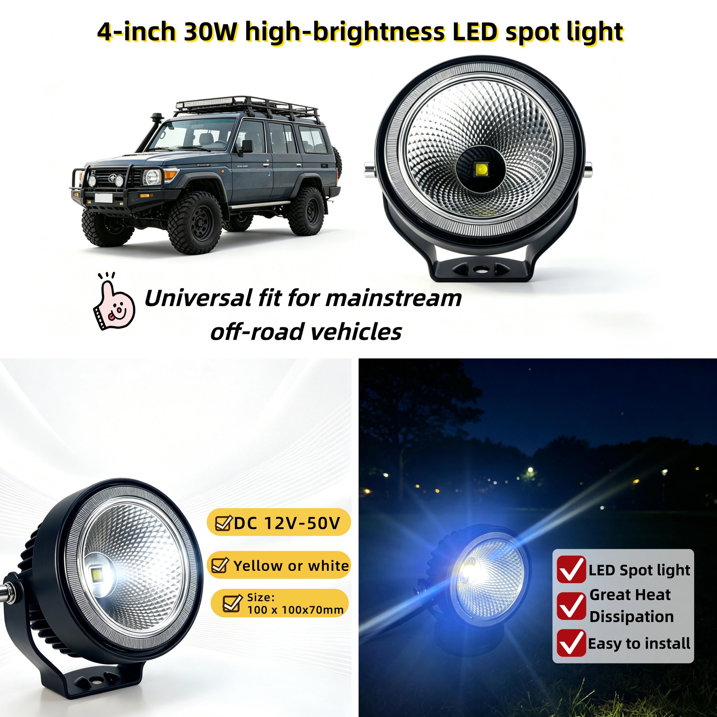 A black off-road vehicle with a roof rack and large rugged tires, and a close-up of a 4-inch, 30-watt high-brightness LED spotlight with a reflective interior, yellow LED chip, and dimensions of 100x100x70mm.