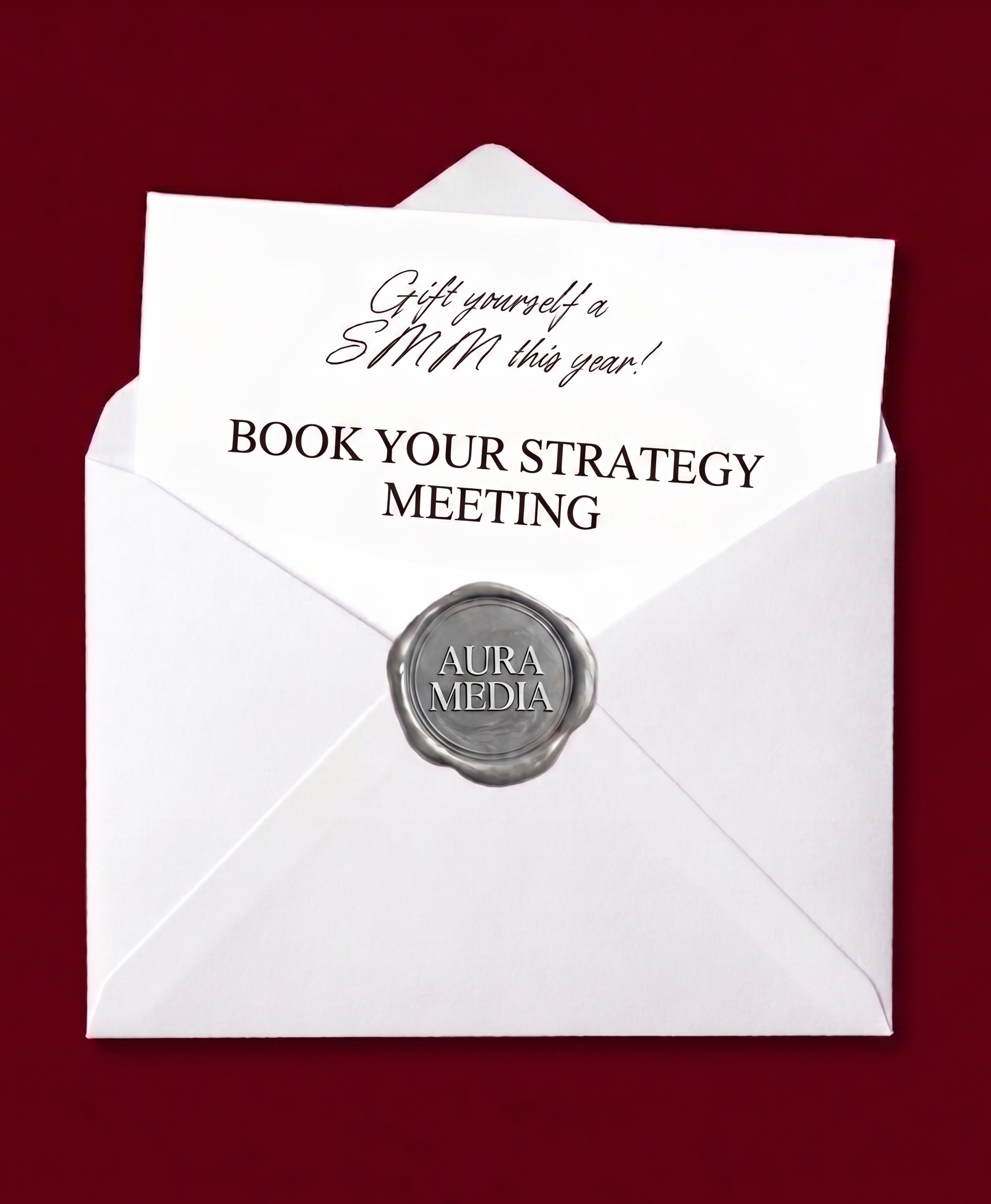 Invitation to book a strategy meeting with Aura Media, placed inside an envelope on a red background.