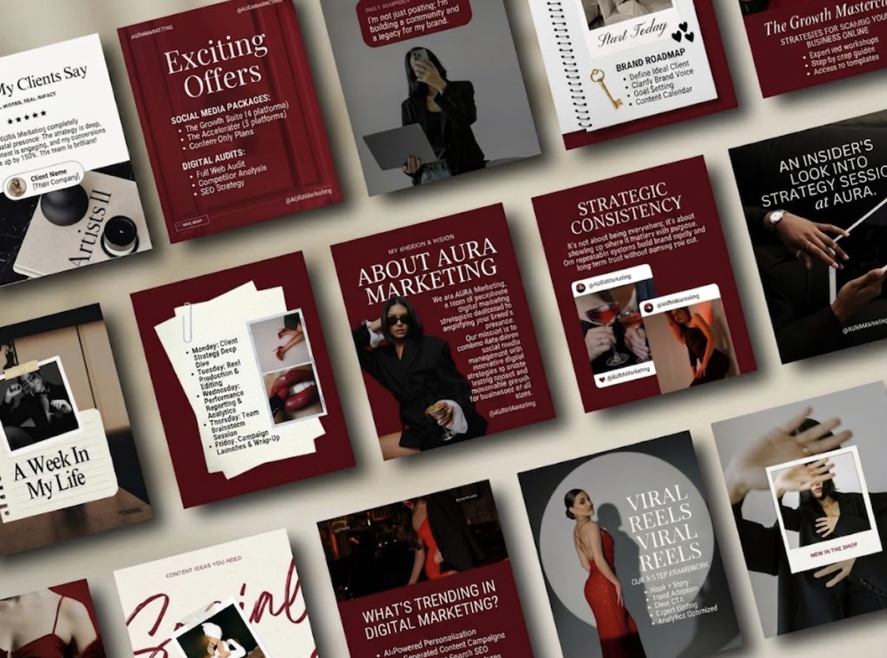 Collage of social media marketing and branding promotional materials, including slides and posters with text and images of people, featuring topics like exciting offers, strategic consistency, digital marketing trends, and influencer content.