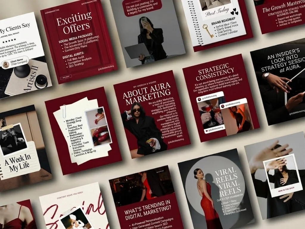 A collection of marketing and business presentation slides with red, black, and white color schemes. The slides feature topics such as exciting offers, client testimonials, branding, strategy, and digital marketing, including images of women, branding elements, and text overlays.