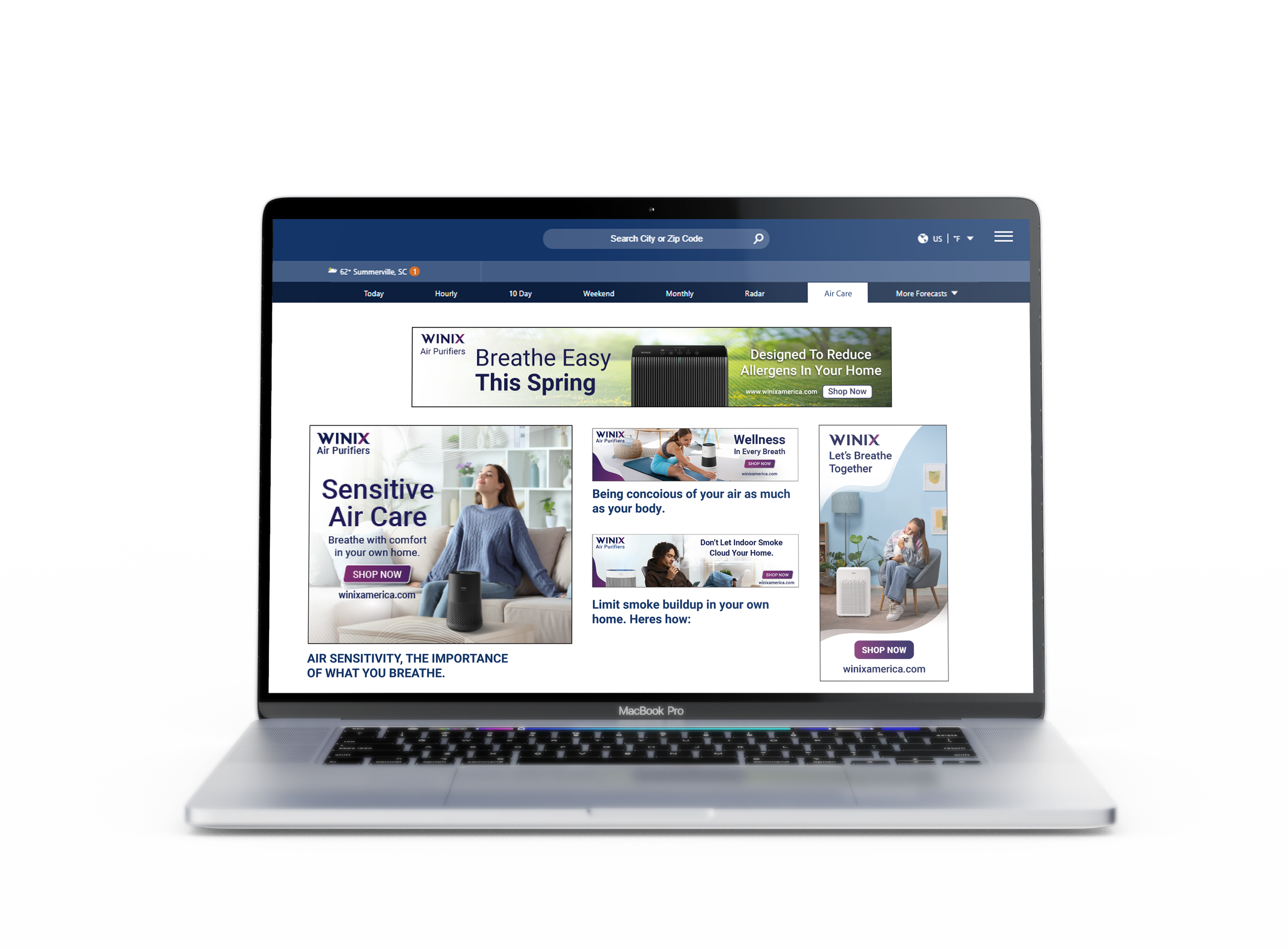 Laptop screen with various Winix display ads.