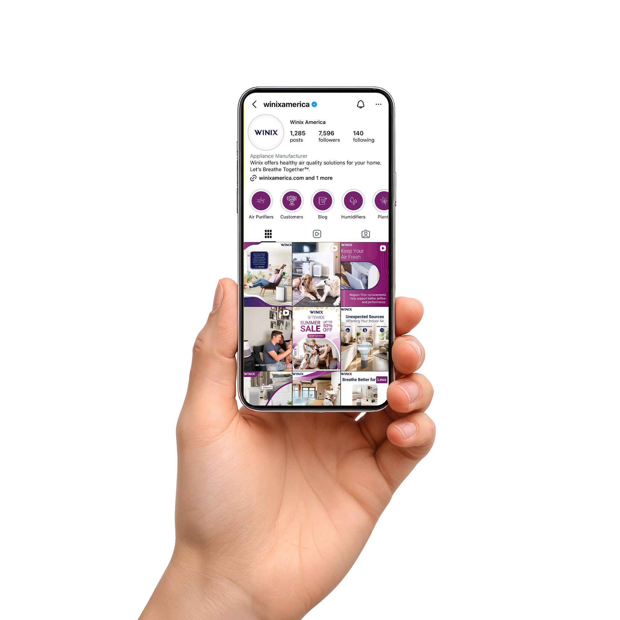 Floating hand with phone showing Winix instagram page.