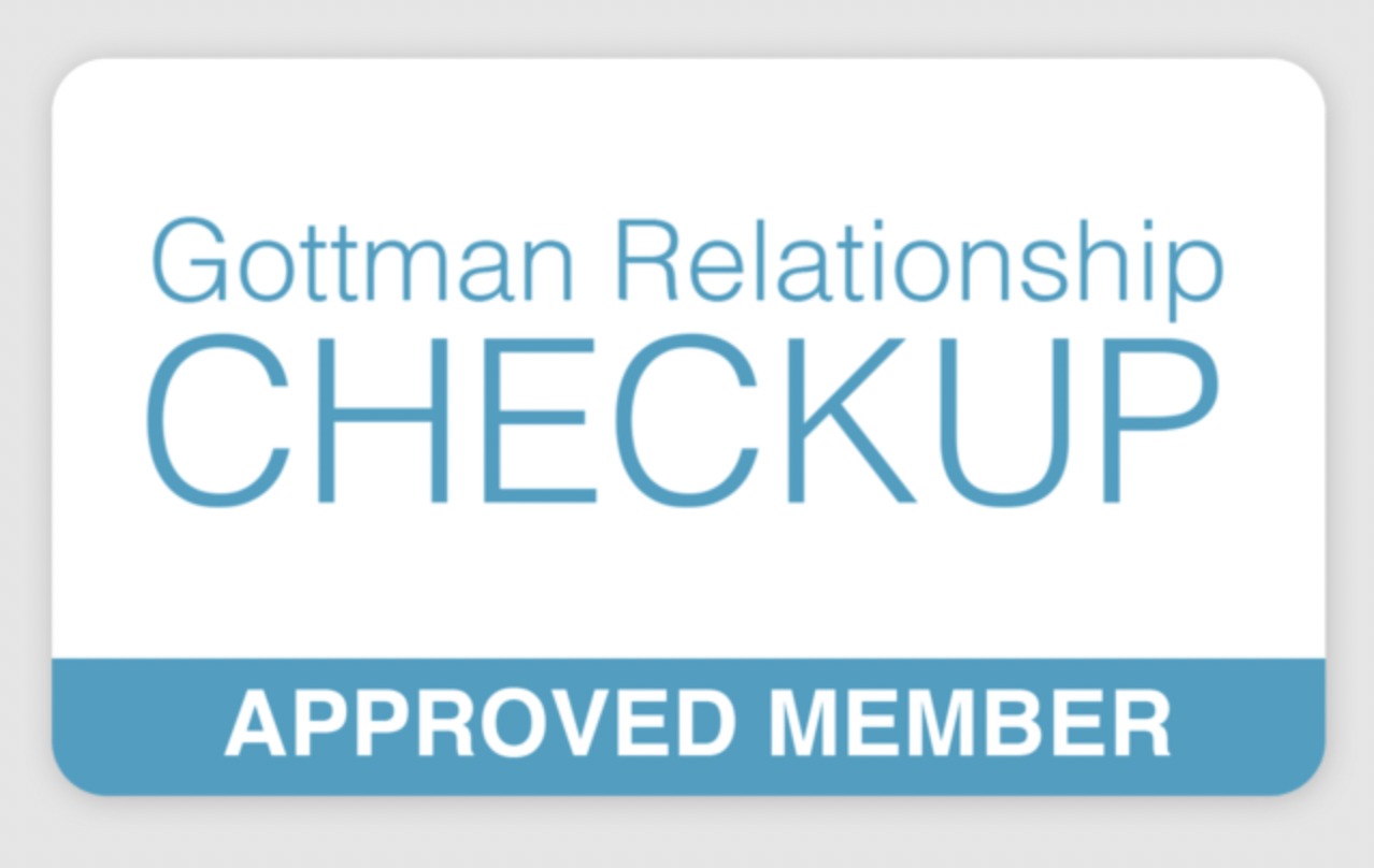 A badge indicating approval for a Gottman Relationship Checkup, labeled as an approved member.