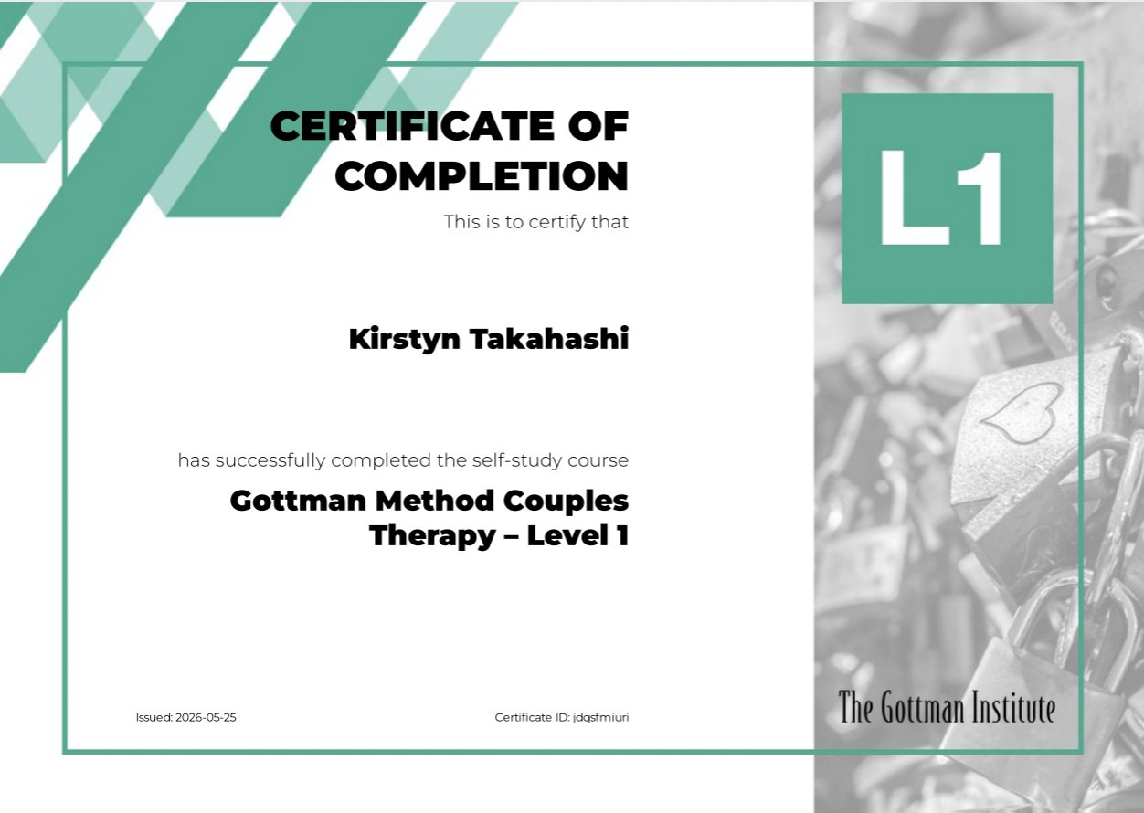 Certificate of completion awarded to Kirstyn Takahashi for completing a self-study course on Gottman Method Couples Therapy - Level 1, issued by The Gottman Institute on May 25, 2026. The certificate features a background with chain locks.