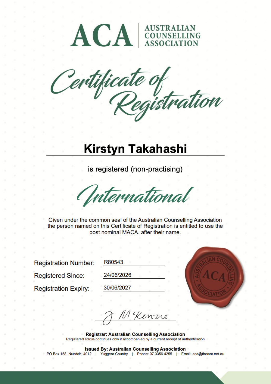 Certificate of registration from the Australian Counseling Association awarded to Kirstyn Takahashi, featuring a red wax seal and details including registration number, date of registration, and expiry date.