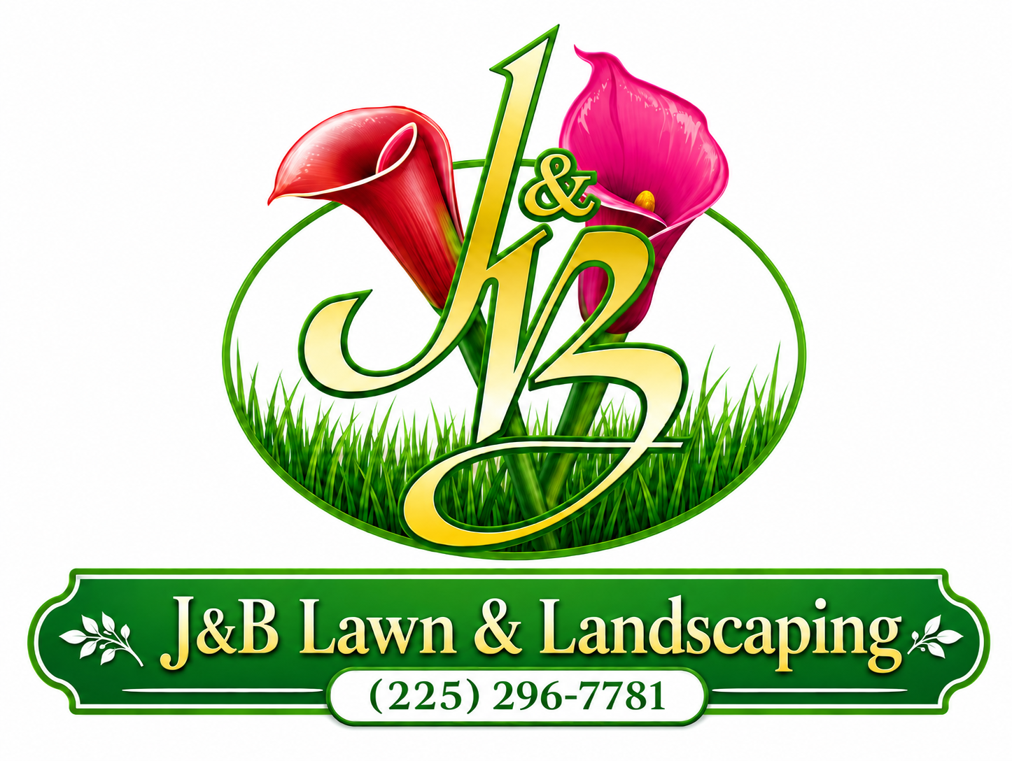 J&B Lawn & Landscaping logo with calla lilies, grass, company name and phone number.