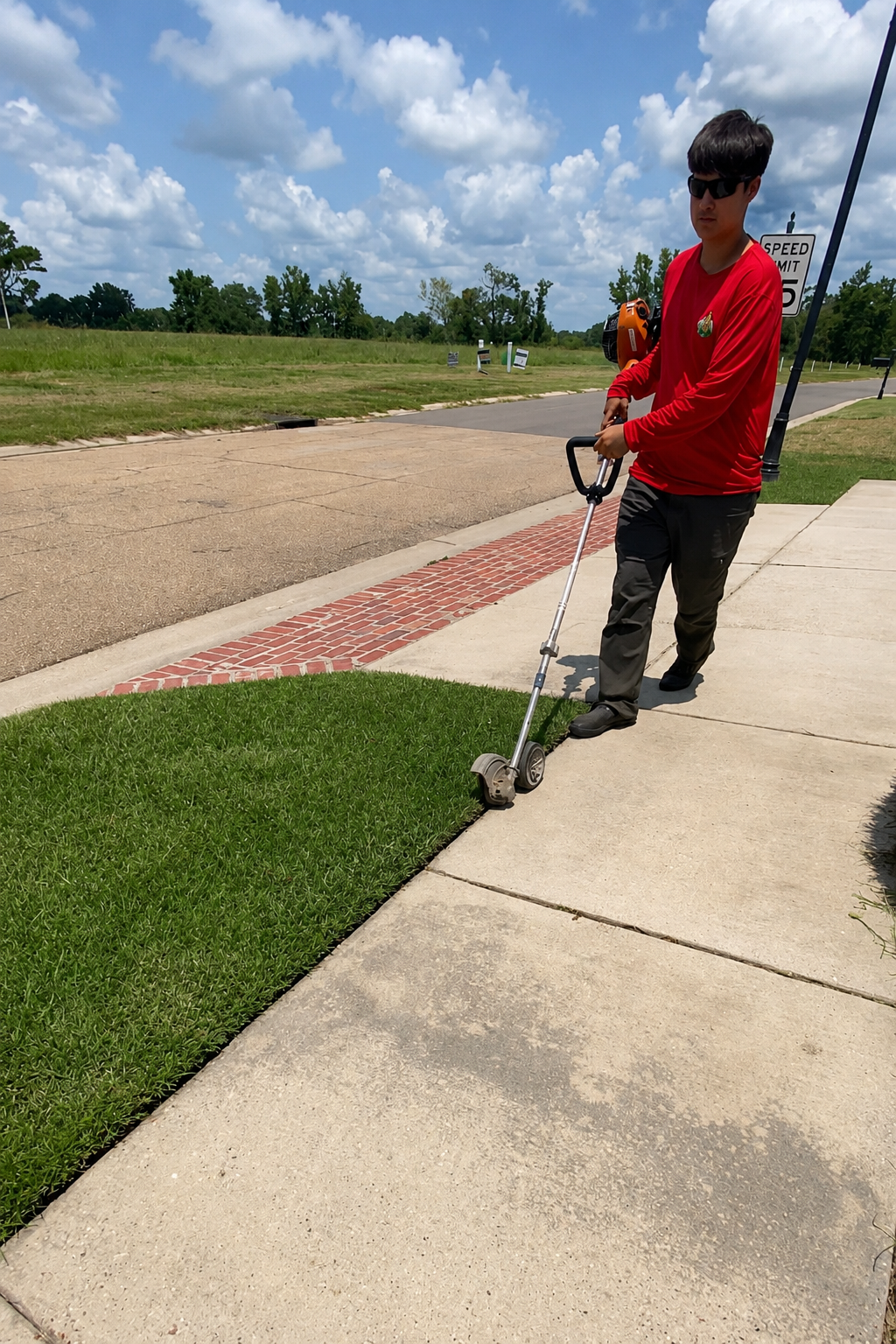 J&B Lawn & Landscaping team member edging a sidewalk beside a clean residential lawn.