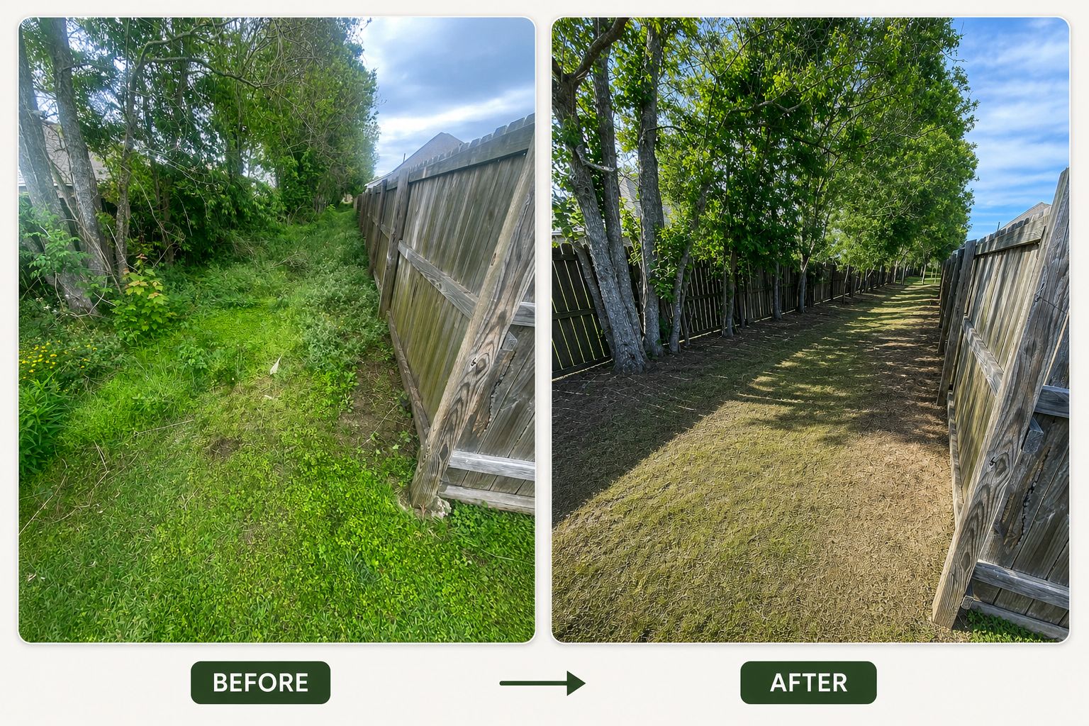 Side-by-side comparison of a backyard pathway before and after landscaping. The 'Before' image shows overgrown grass, weeds, and a leaning wooden fence. The 'After' image shows a clear, mowed pathway with trimmed grass, healthy trees, and a straightened wooden fence, under a bright blue sky with some clouds.