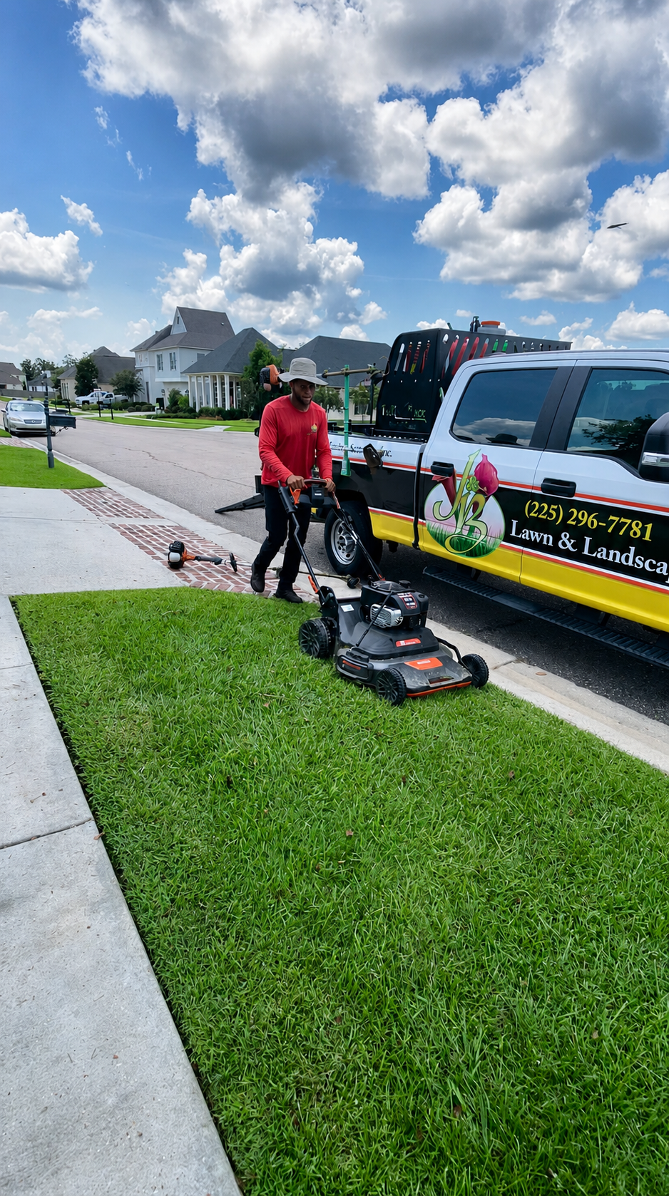 A J&B Lawn Care worker pushing a lawn mower on a well-maintained lawn in front of a residential neighborhood on a partly cloudy day.