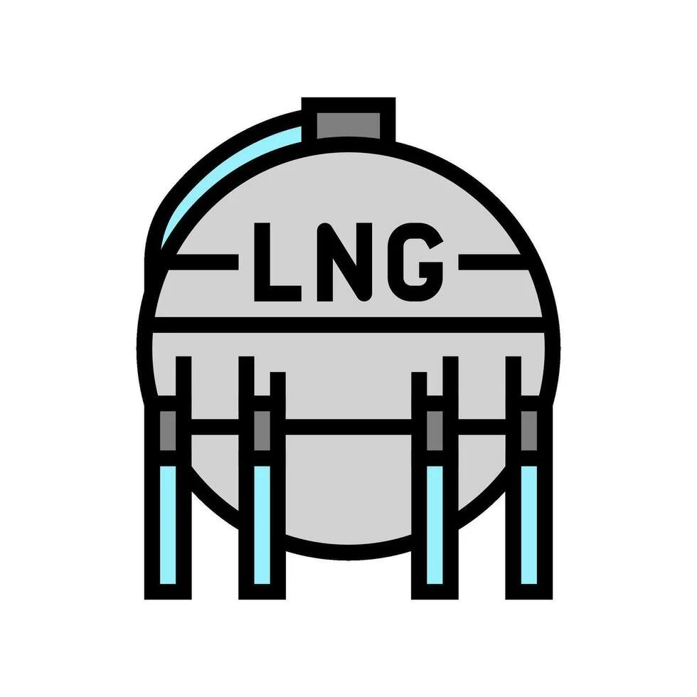 Graphic illustration of an LNG (liquefied natural gas) storage tank with the letters 'LNG' on it, with blue lines indicating the pipes or connections.