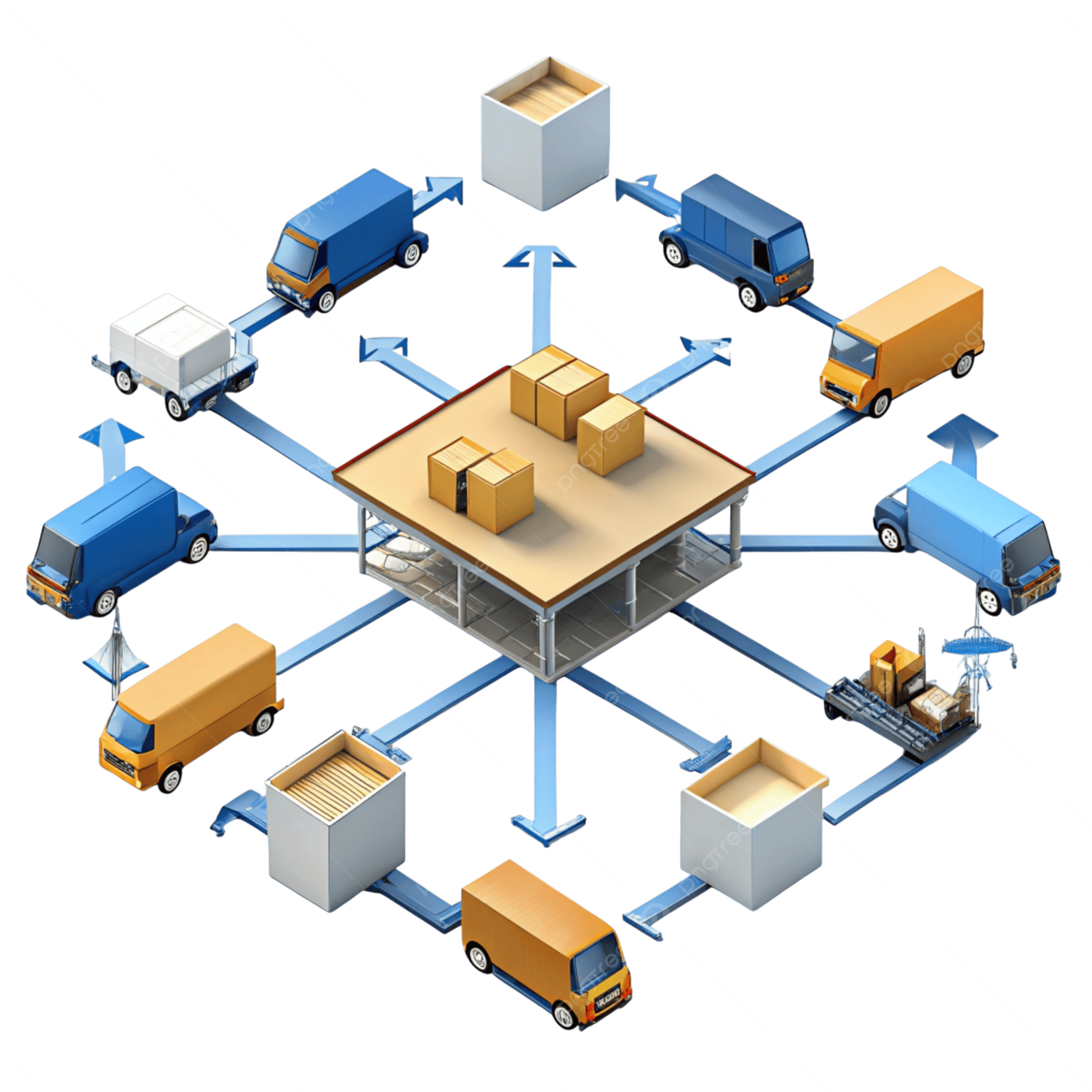 Illustration of a warehouse with multiple delivery trucks moving goods to and from the warehouse, including boxes and packages.