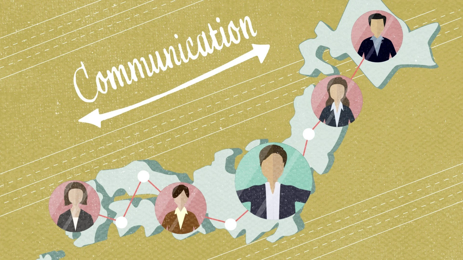 通信と人々のつながりを示す地図とイラスト、矢印とともに「Communication」と書かれている