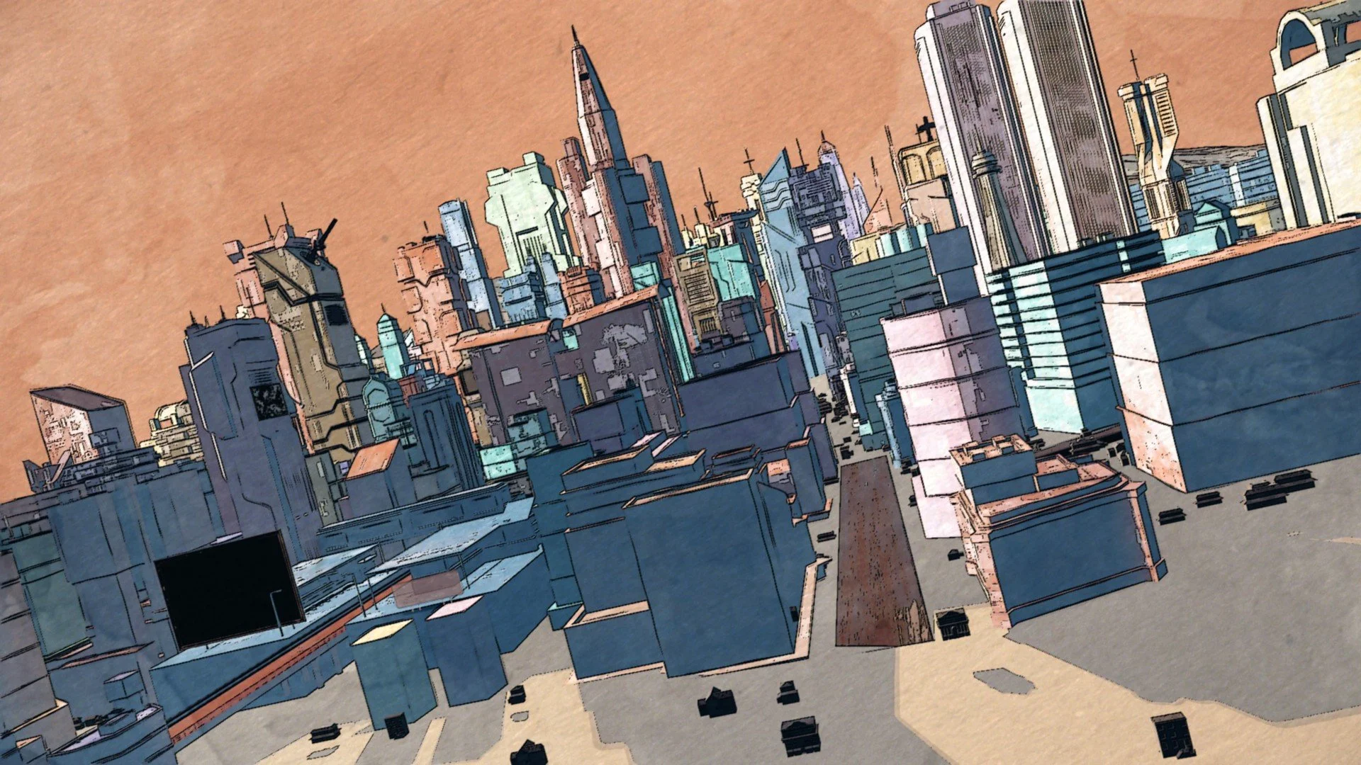 都市のスカイラインと高層ビル群のイラストレーション