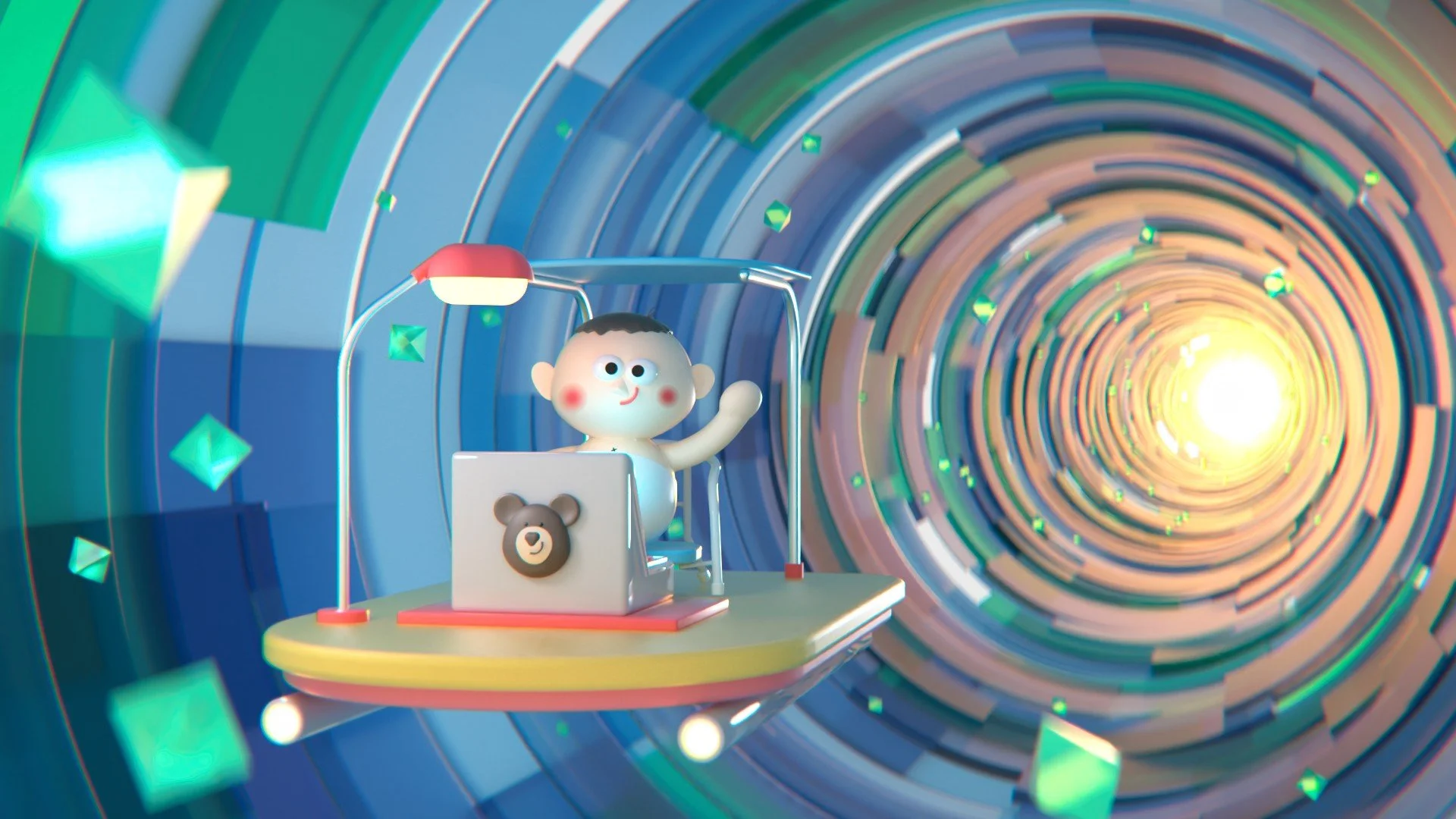 カラフルなトンネルの中に、小さなキャラクターがデスクに座っています。キャラクターはコンピュータを使っており、背景には緑と青のジオメトリックなデザインが広がっています。
