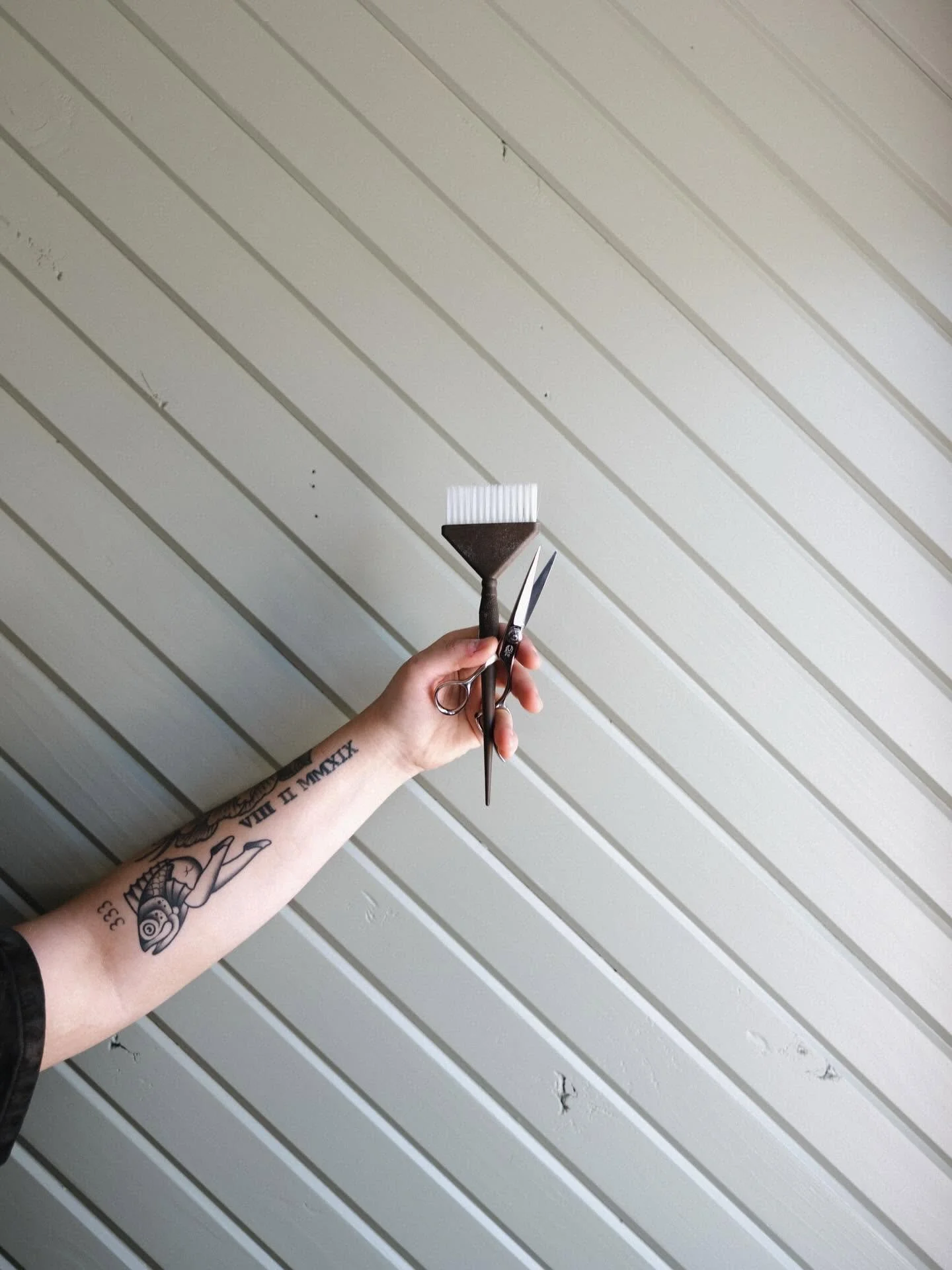 An image of hand holding scissors  and brush..
